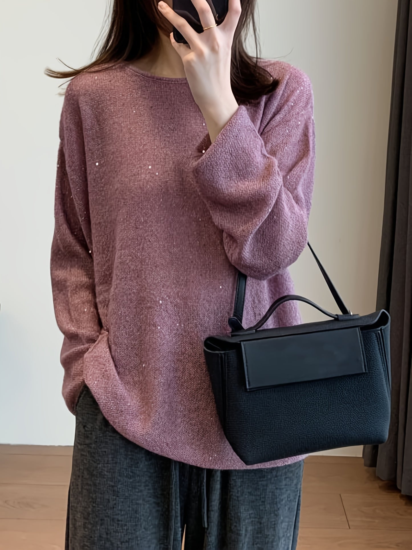 Sixsr Solid Crew Neck Pullover Sweater, Elegant Long Sleeve Drop Shoulder Sweater, Women's Clothing