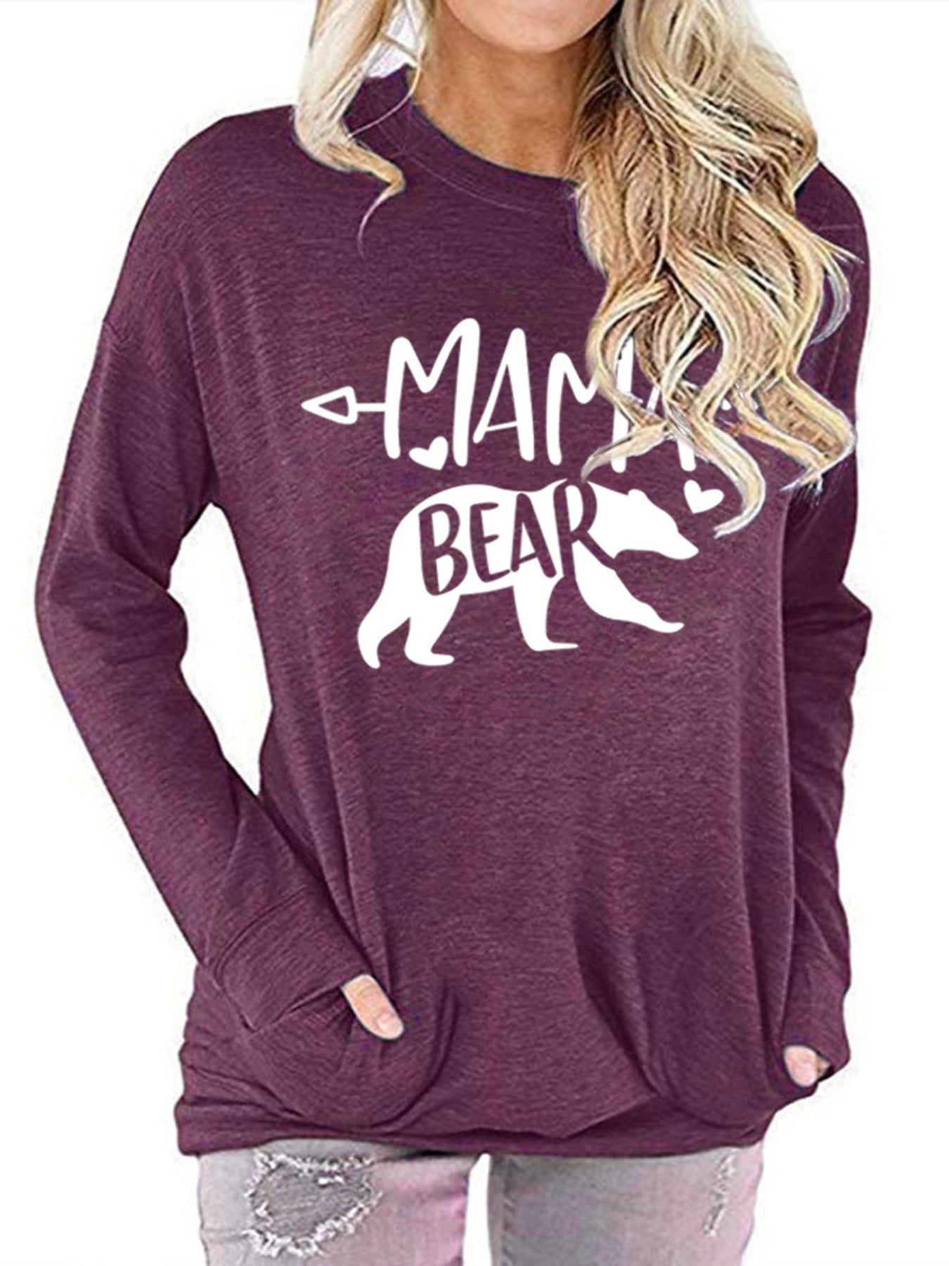Sixsr Mamabear Bear Pattern Print T-shirt, Round Neck Long Sleeve Pullover T-Shirt, Women's Clothing