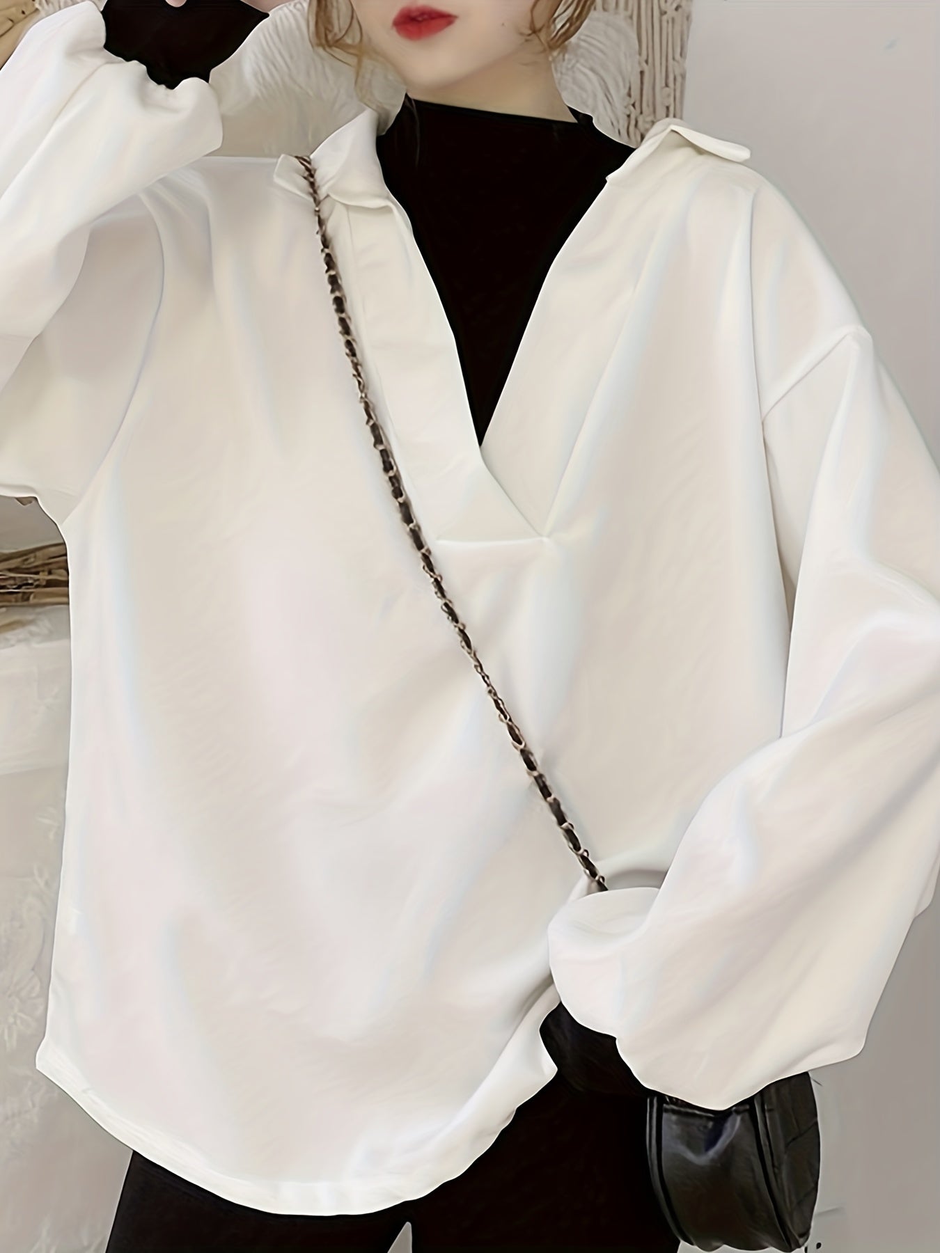 Sixsr Color Block Notch Neck Pullover Top, Stylish Lantern Sleeve Lapel Top For Fall & Winter, Women's Clothing