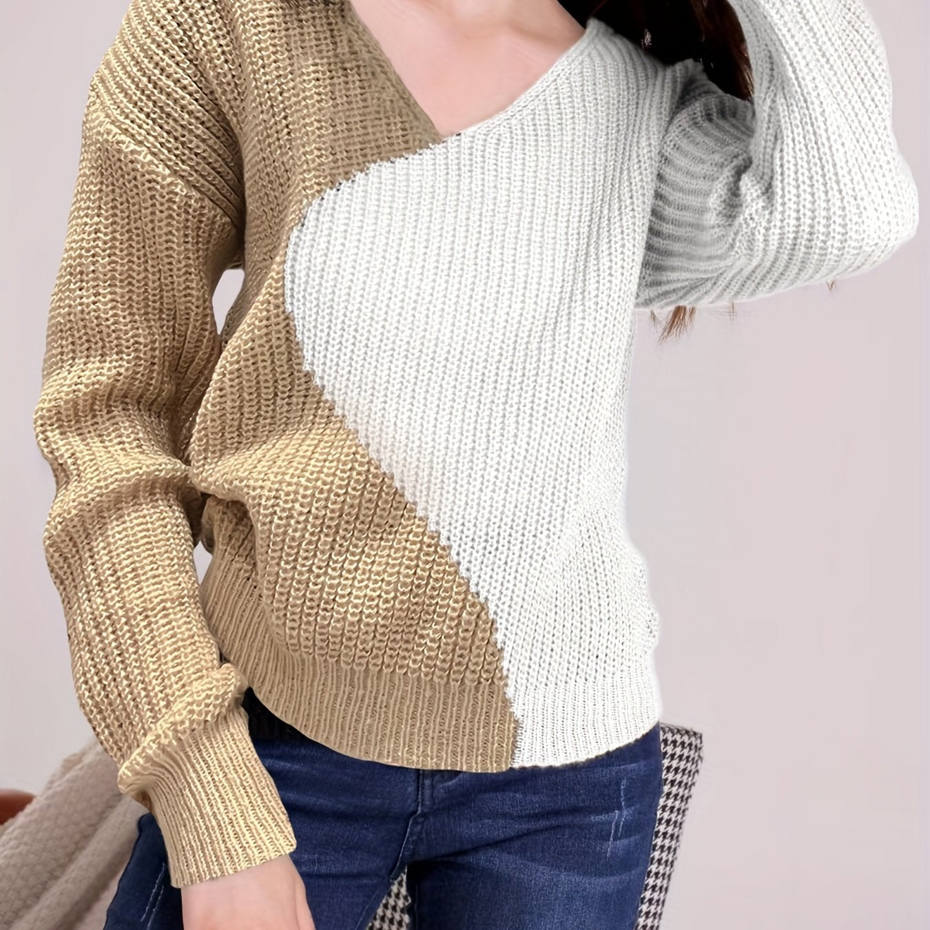 Sixsr Color Block Drop Shoulder Sweater, Casual V-neck Long Sleeve Sweater, Women's Clothing