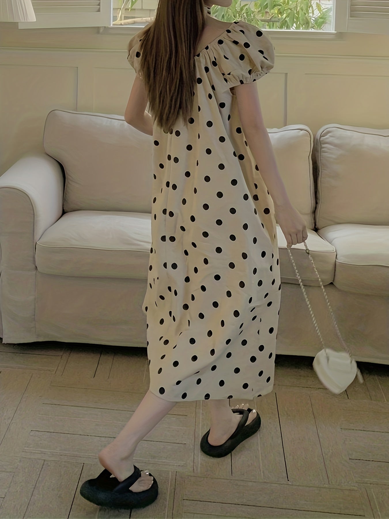 Sixsr Polka Dot Print Dress, Casual Puff Sleeve Midi Dress, Women's Clothing
