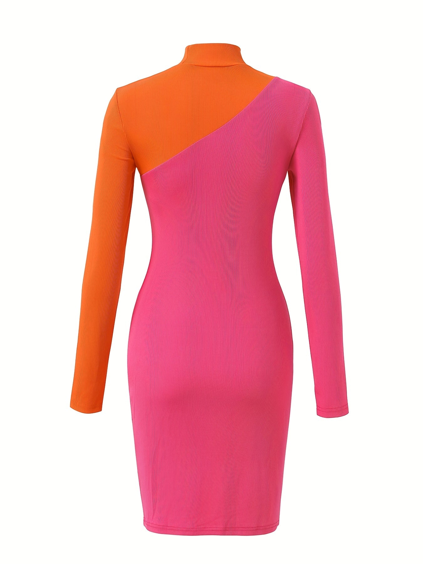 Sixsr Cut Out Color Block Dress, Casual Stand Collar Long Sleeve Bodycon Dress, Women's Clothing