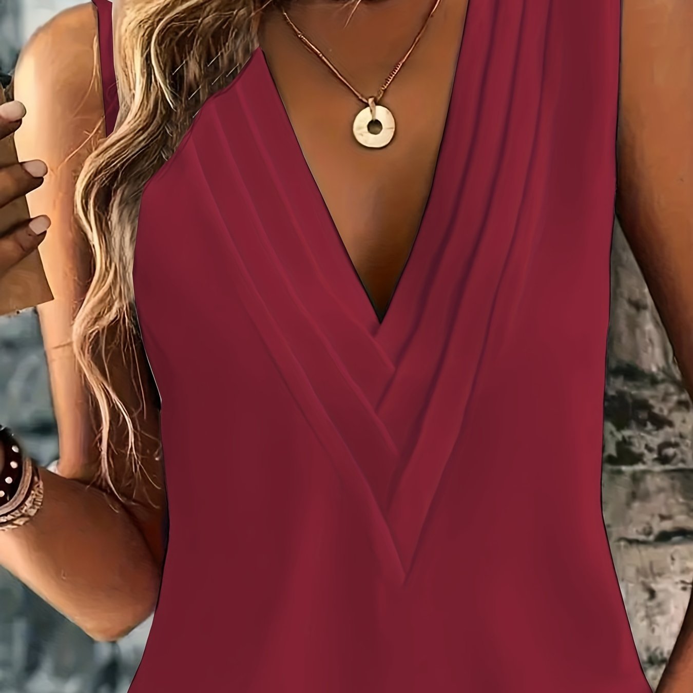 Sixsr Ruched V Neck Blouse, Casual Sleeveless Solid Versatile Blouse, Women's Clothing