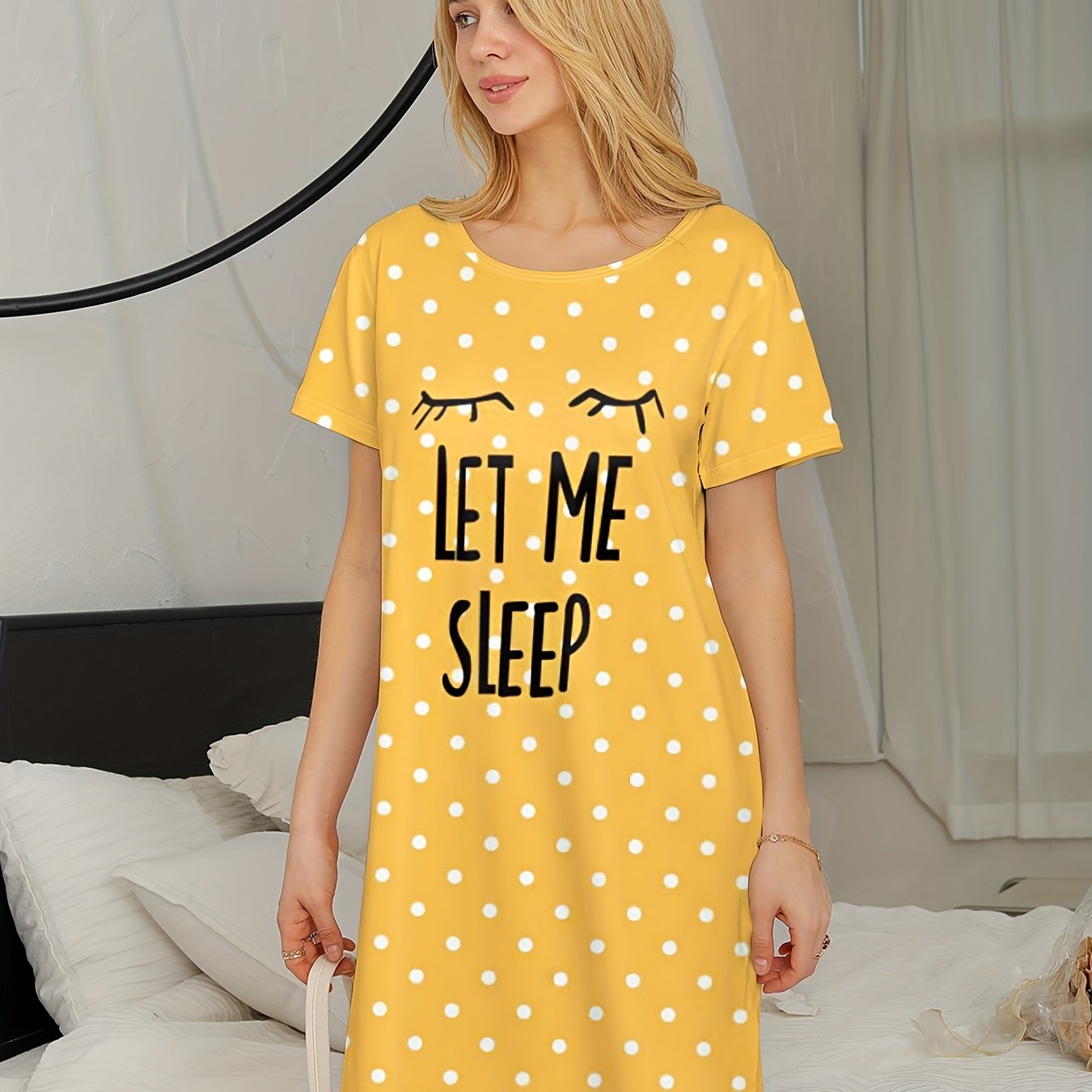Sixsr Letter Print Polka Dot NightDress, Short Sleeve Crew Neck Pajama Dress, Women's Sleepwear & Dresses