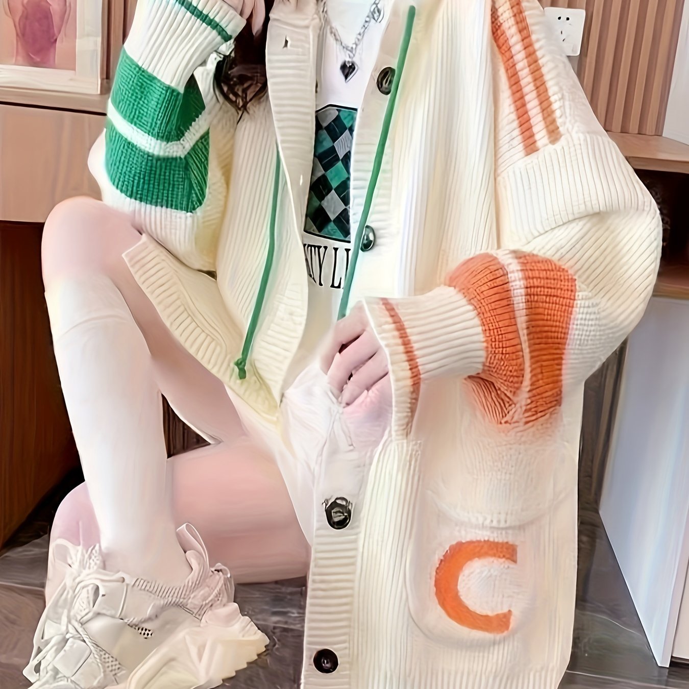 Color Block Knit Drawstring Hooded Cardigan, Casual Long Sleeve Loose Outwear With Pocket, Women's Clothing