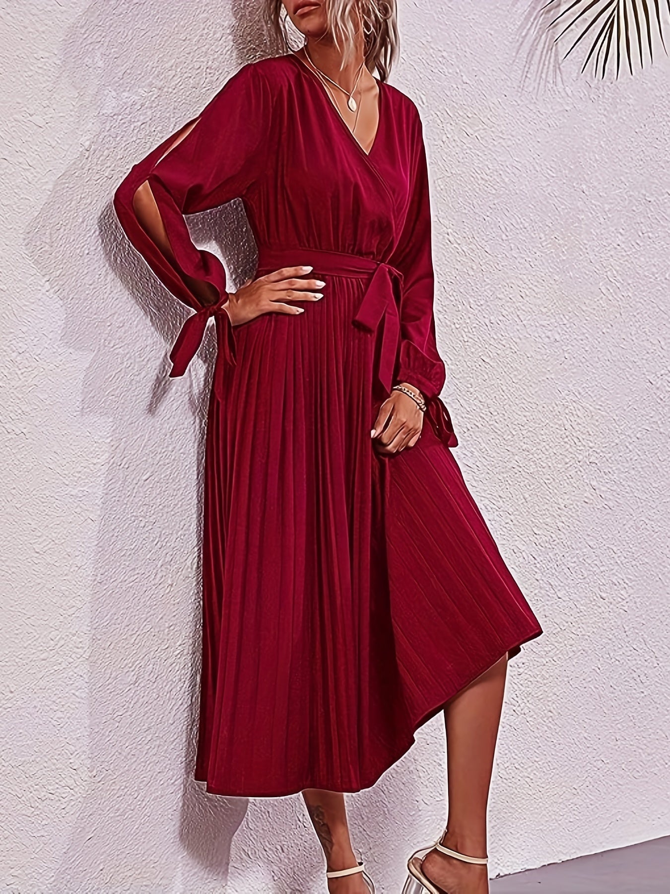 Sixsr Plus Size Elegant Dress, Women's Plus Solid Knot Cut Out Long Sleeve Surplice Neck Maxi Pleated Dress With Belt