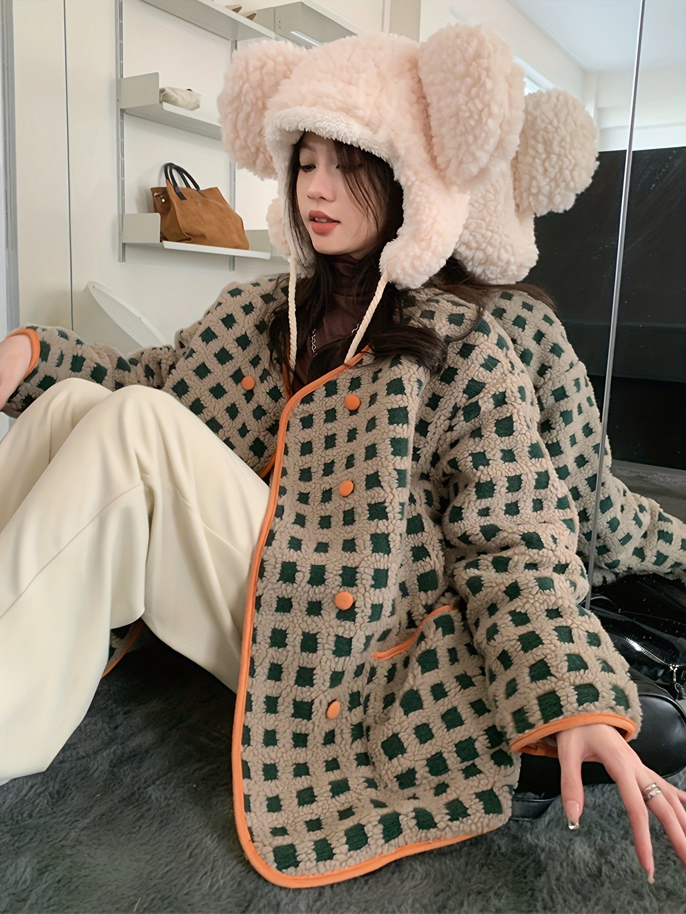 Sixsr Plaid Pattern Button Front Faux Fur Coat, Casual Long Sleeve Outwear For Fall & Winter, Women's Clothing