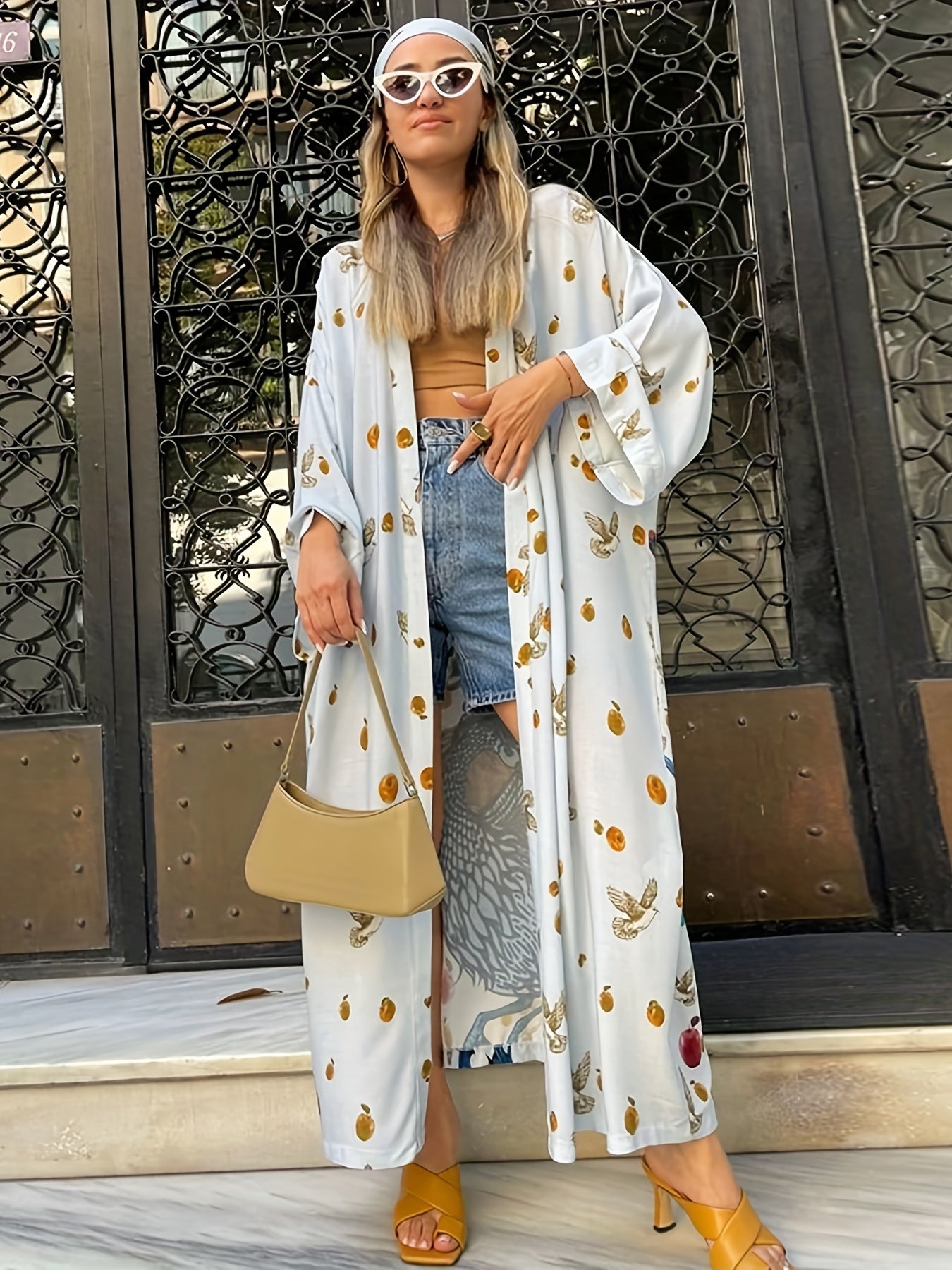 Plus Size Casual Cover Up, Women's Plus Graphic Print Long Sleeve Cover Up Robe