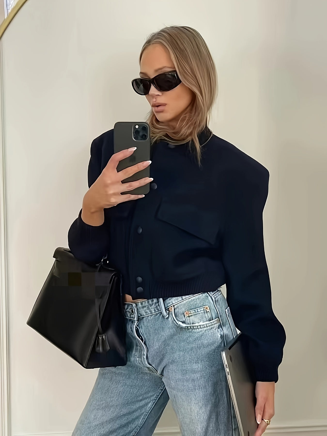 Sixsr Solid Button Front Jacket, Casual Long Sleeve Crop Outwear, Women's Clothing