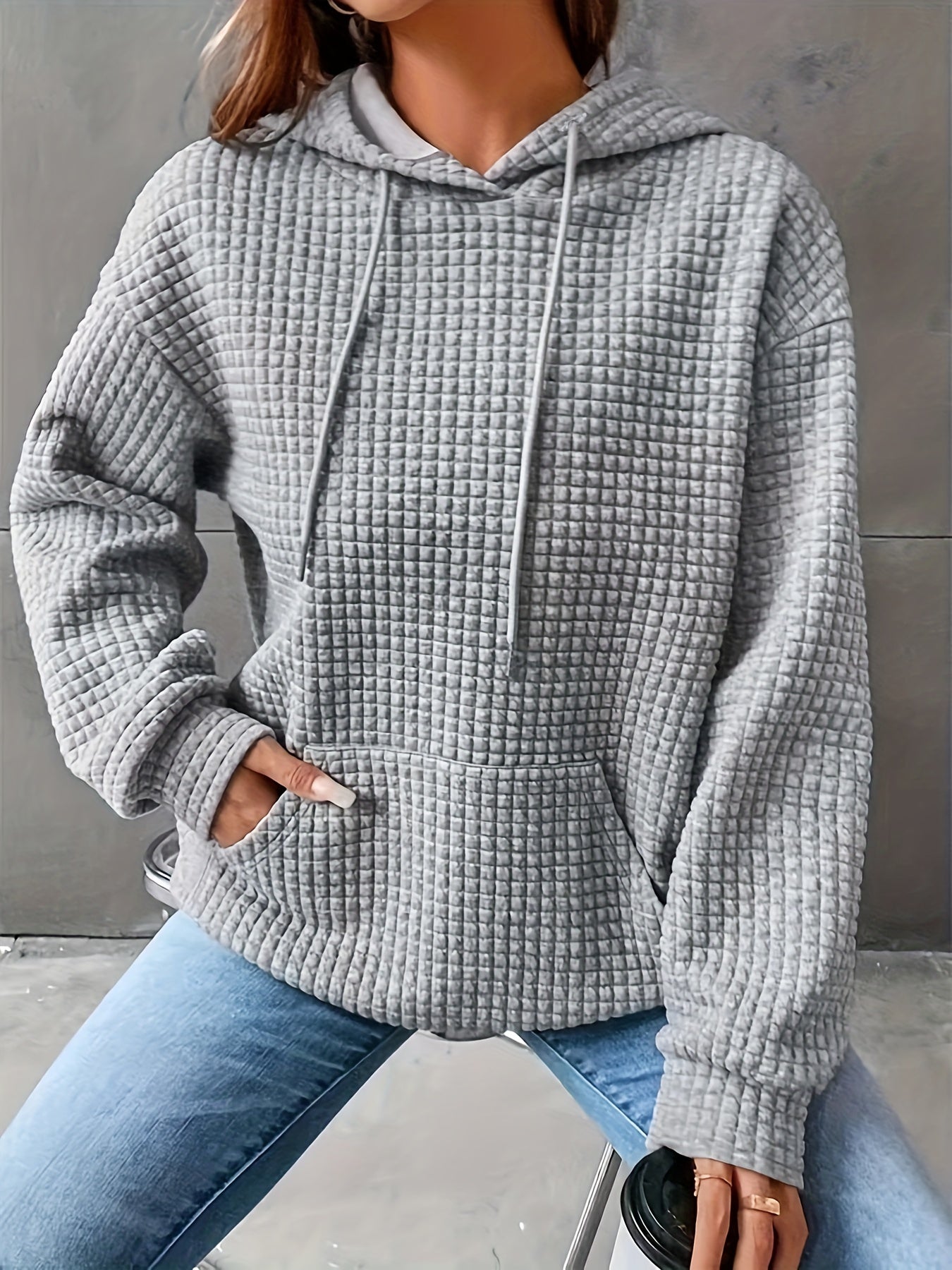 Sixsr Plus Size Casual Sweatshirt, Women's Plus Solid Jacquard Long Sleeve Drawstring Hooded Sweatshirt With Kangaroo Pockets, Casual Tops For Fall & Winter, Plus Size Women's Clothing