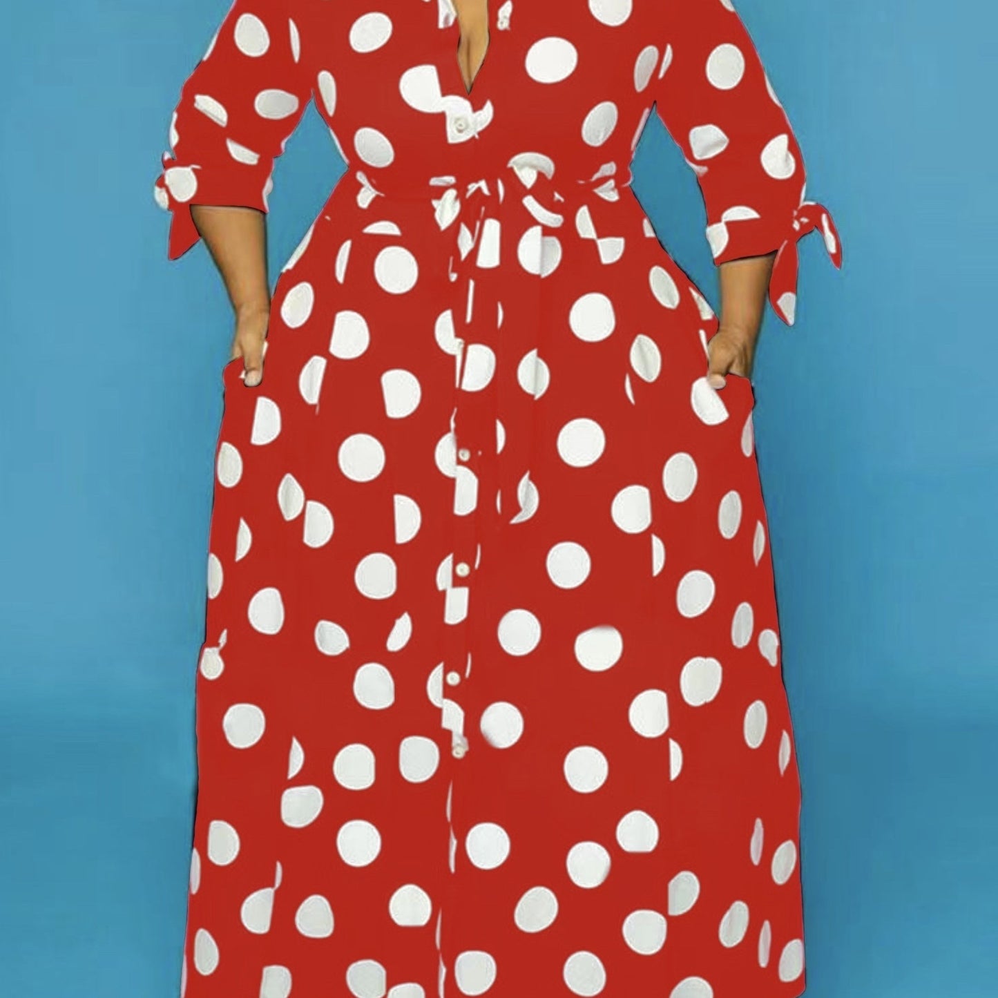 Sixsr Plus Size Elegant Dress, Women's Plus Polka Dots Print Button Up Collared Belted Maxi Dress