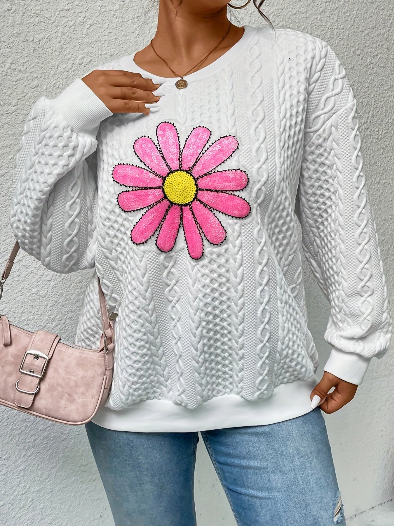Sixsr Plus Size Casual Sweatshirt, Women's Plus Floral Print Long Sleeve Round Neck Knit Sweatshirt