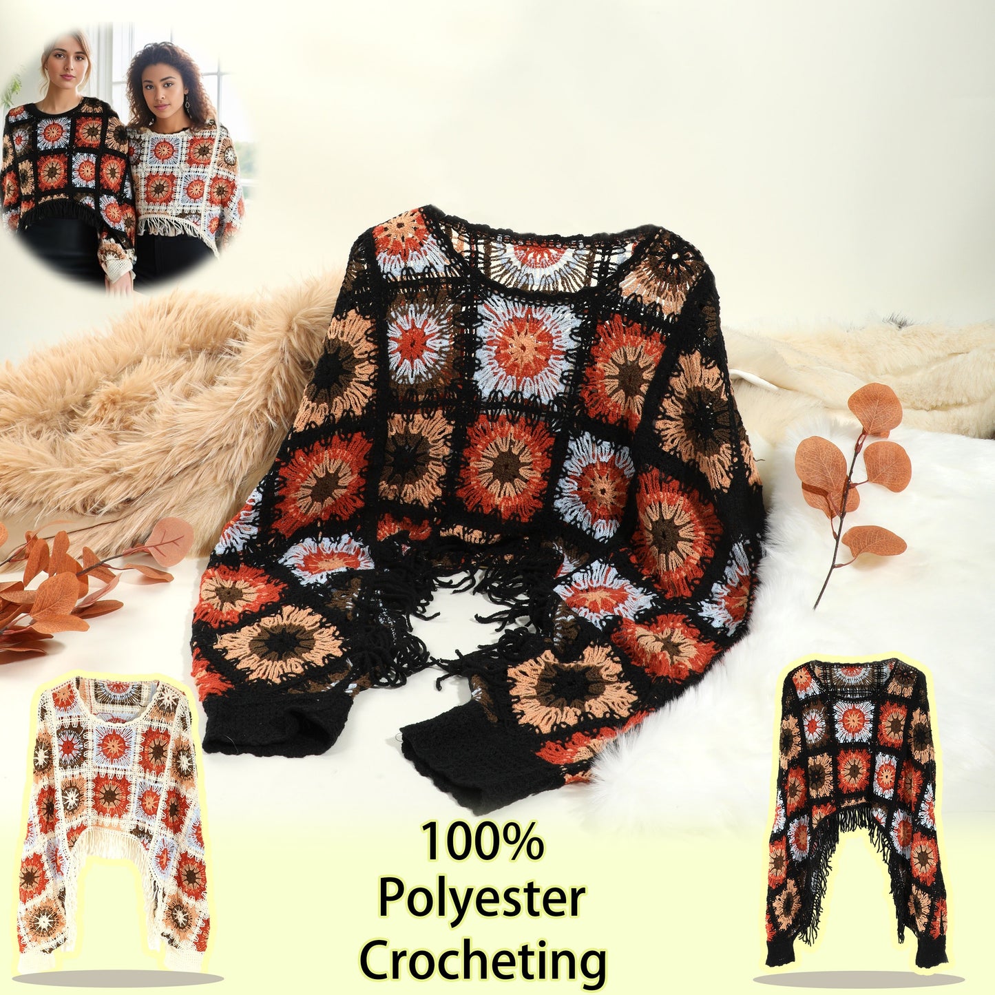 Sixsr Floral Hollow Out Tassel Shawl Elegant Long-sleeved Pullover Shawl Casual Daily Travel Versatile Coat