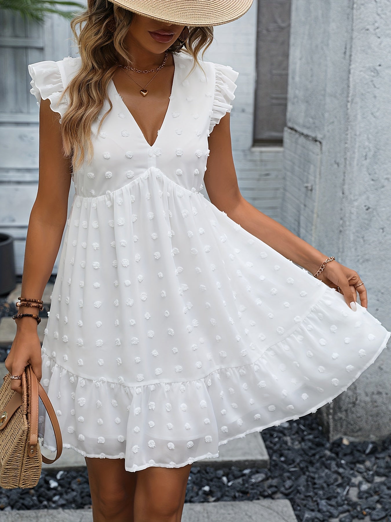 Sixsr Swiss Dot Ruffle Hem Dress, Elegant V Neck Dress For Spring & Summer, Women's Clothing