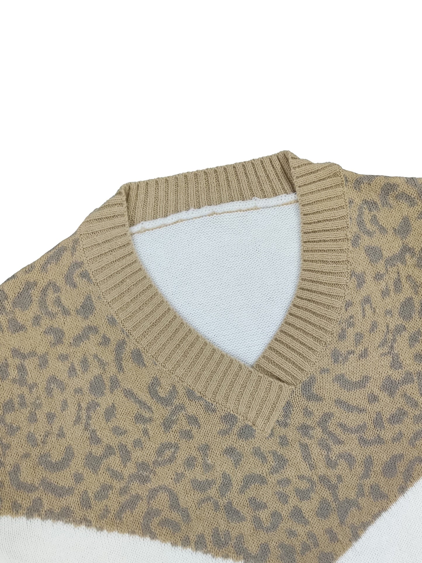 Sixsr Plus Size Casual Sweater, Women's Plus Colorblock Leopard Print V Neck Long Sleeve Pullover Sweater