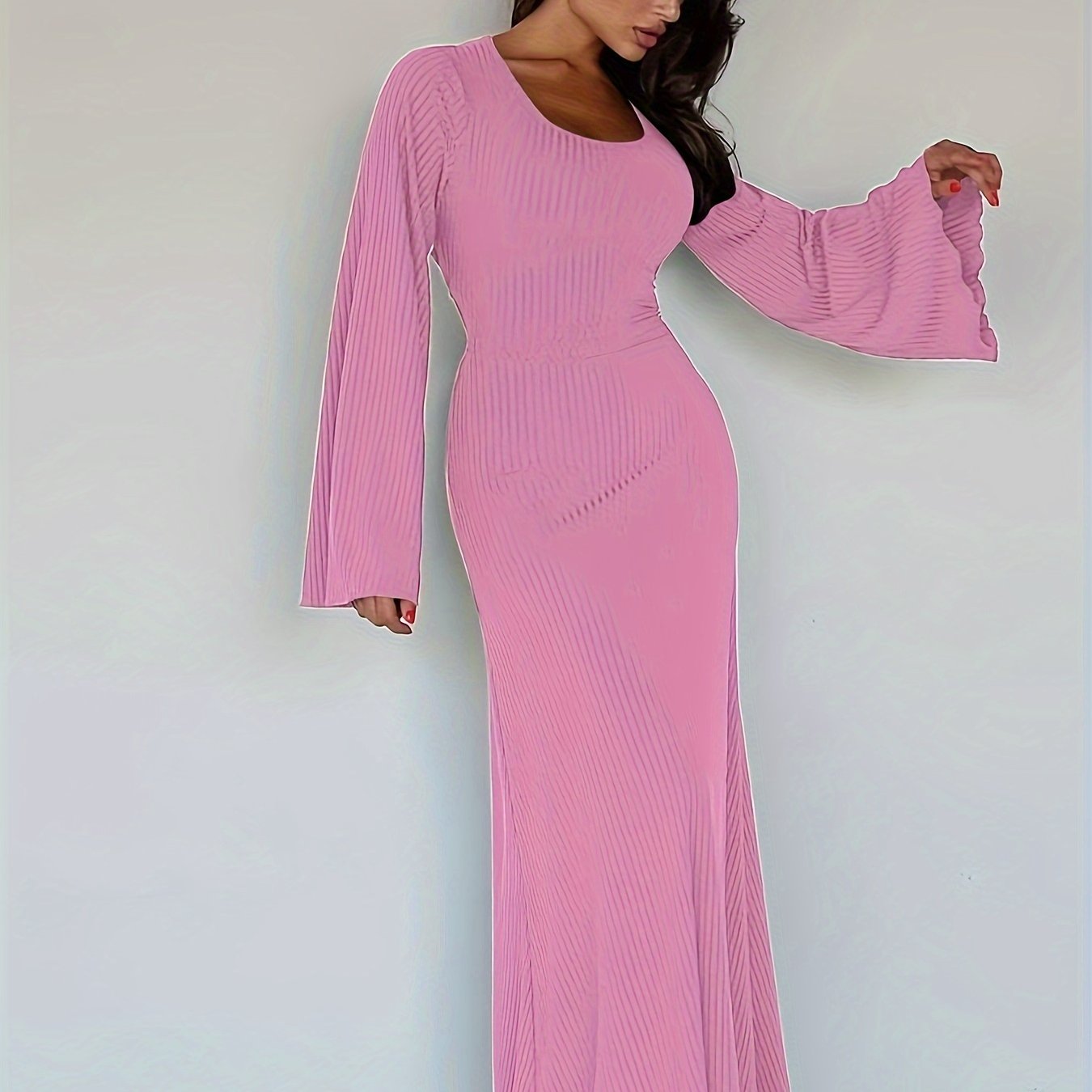 Sixsr Solid Flared Long Sleeve Dress, Casual Squared Neck Maxi Dress, Women's Clothing