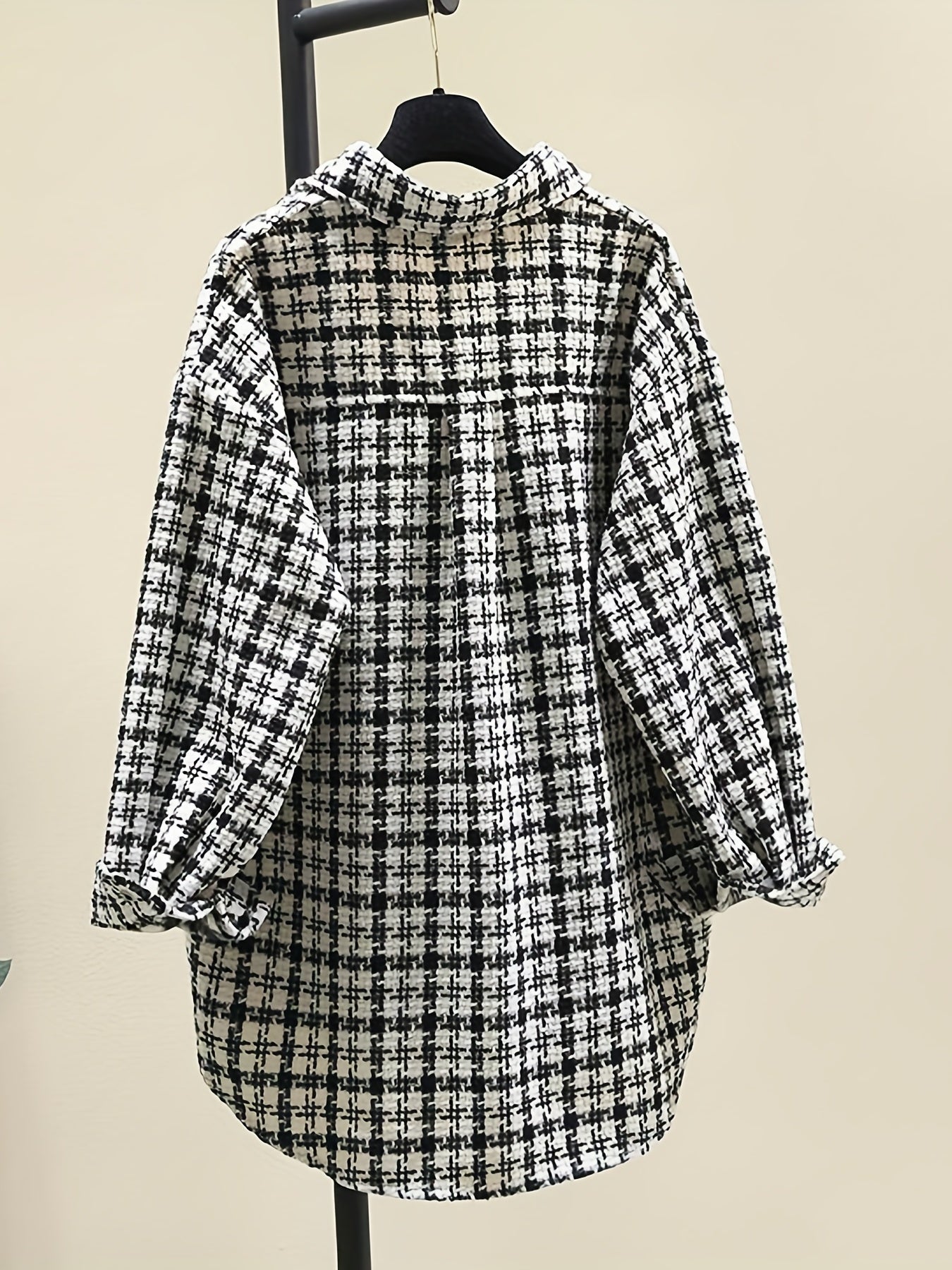 Sixsr Tweed Plaid Drop Shoulder Jacket, Elegant Long Sleeve Jacket For Fall & Winter, Women's Clothing
