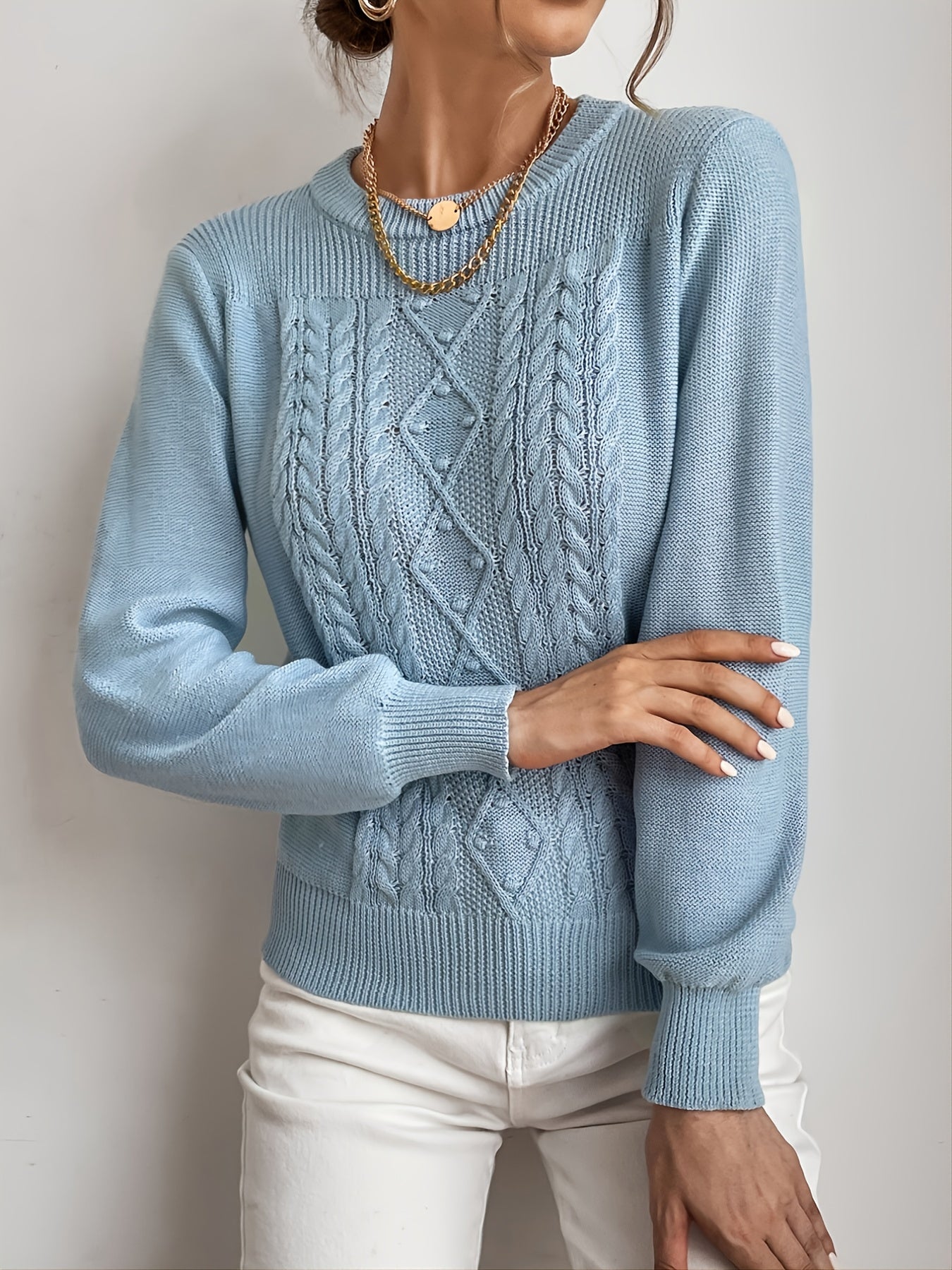 Sixsr Casual Solid Crew Neck Sweater, Long Sleeve Loose Fall Winter Knit Sweater, Women's Clothing