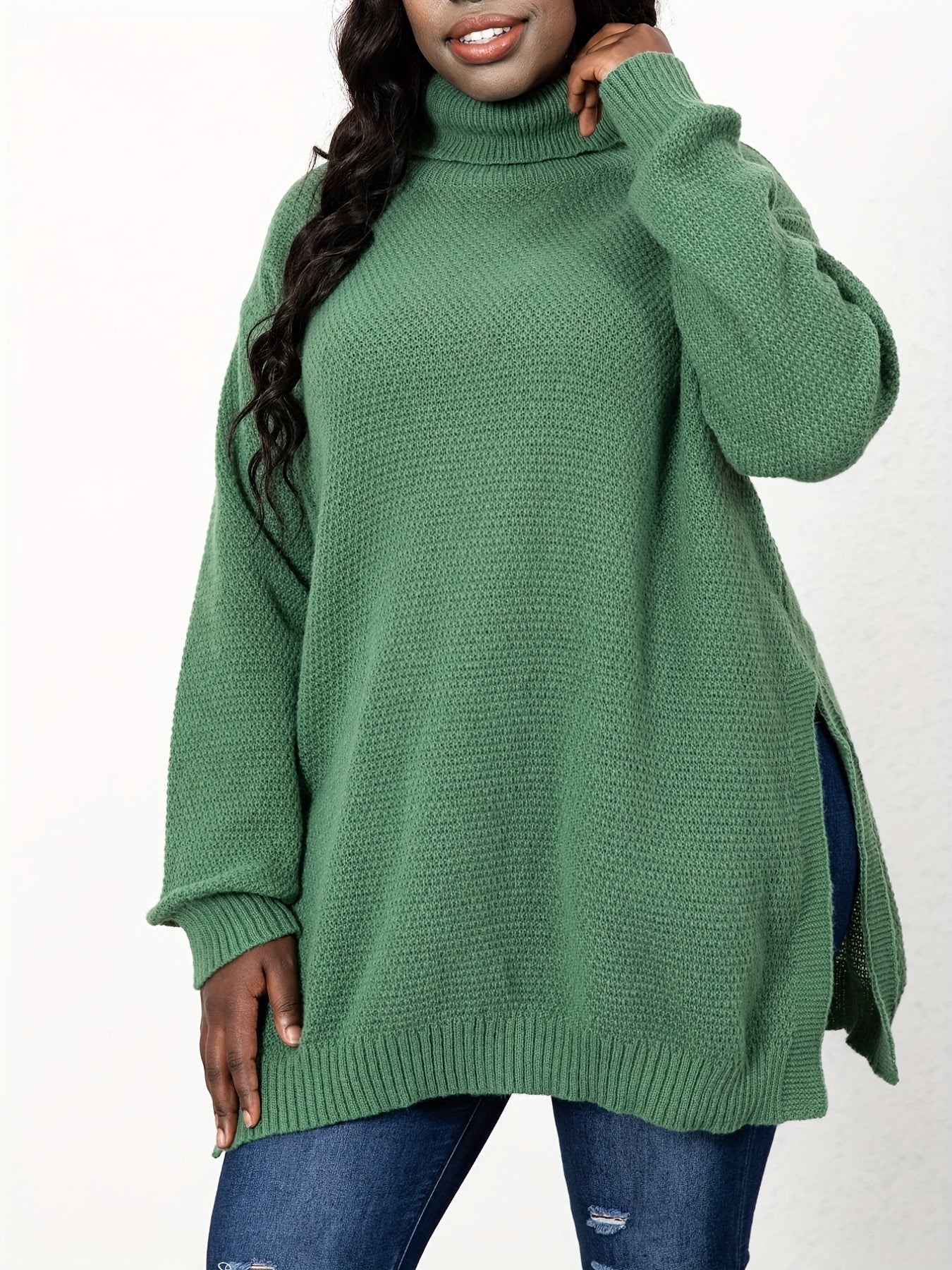 Sixsr Plus Size Turtle Neck Knit Side Slit Sweater, Women's Plus Solid High Stretch Elegant Sweater