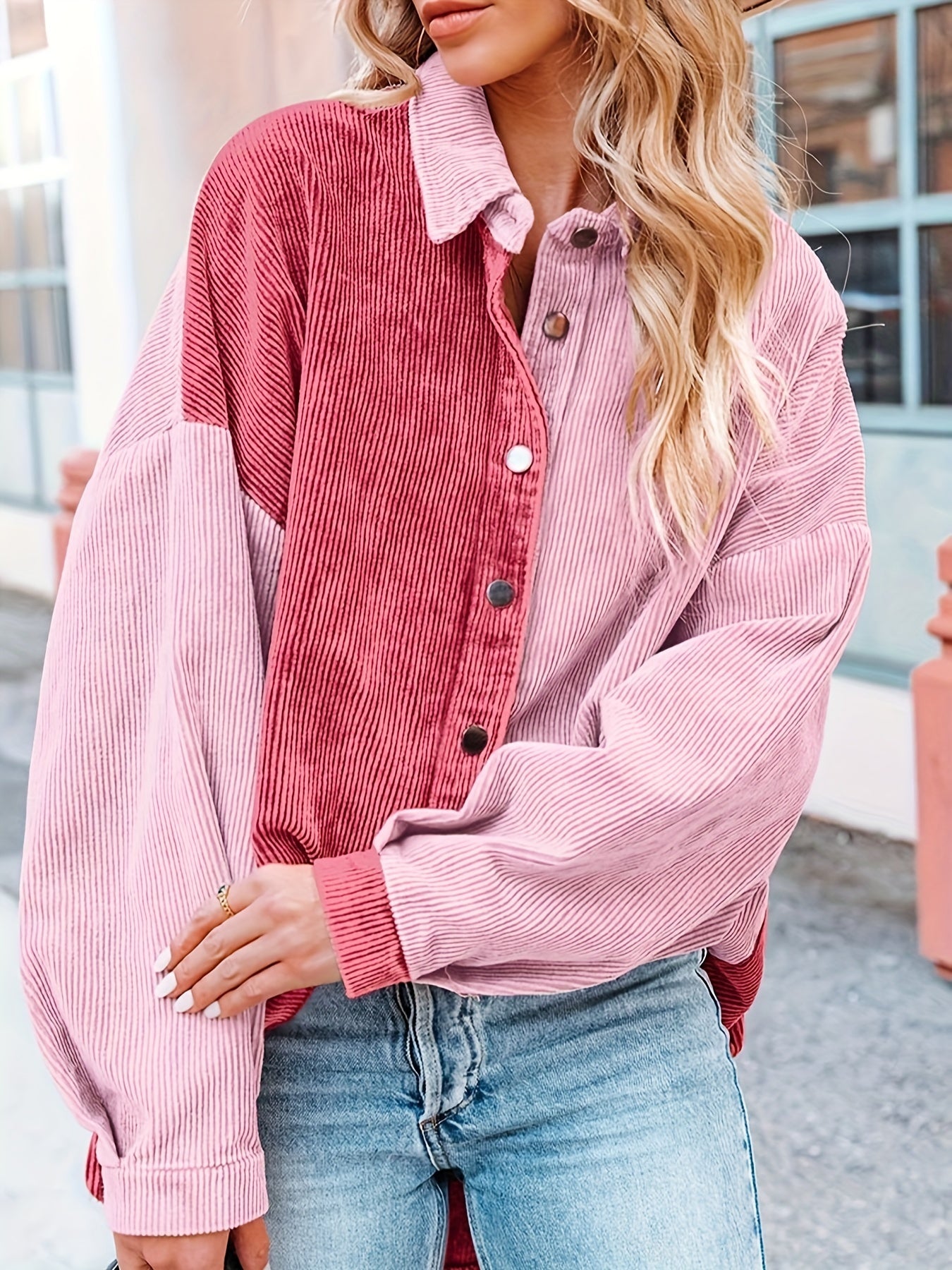 Sixsr Color Block Single Breasted Jacket, Vintage Corduroy Long Sleeve Outwear For Fall , Women's Clothing
