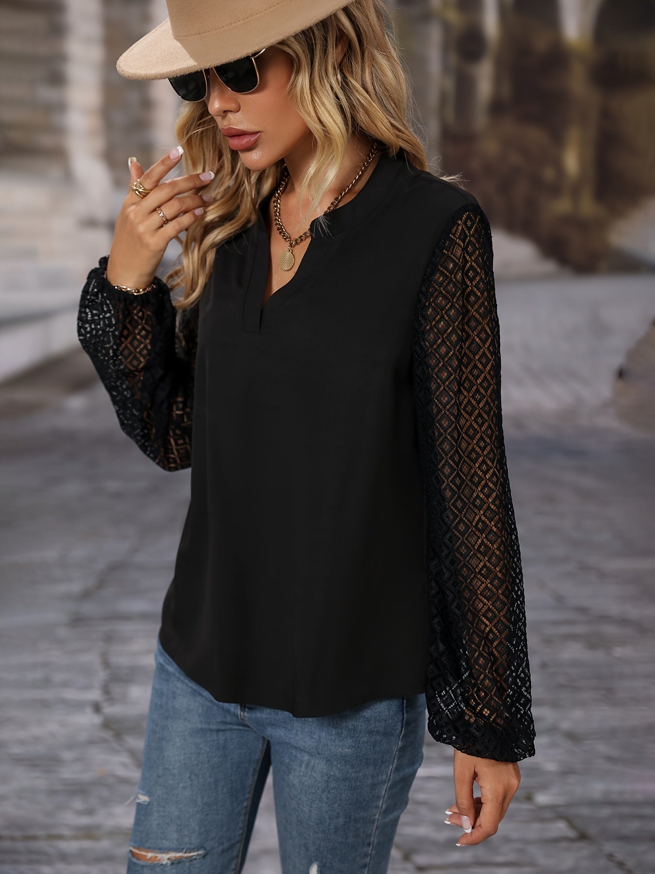 Solid Crew Neck Long Mesh Sleeve Lace Shirt, Mature Loose Hollow Out Shirt, Women's Clothing