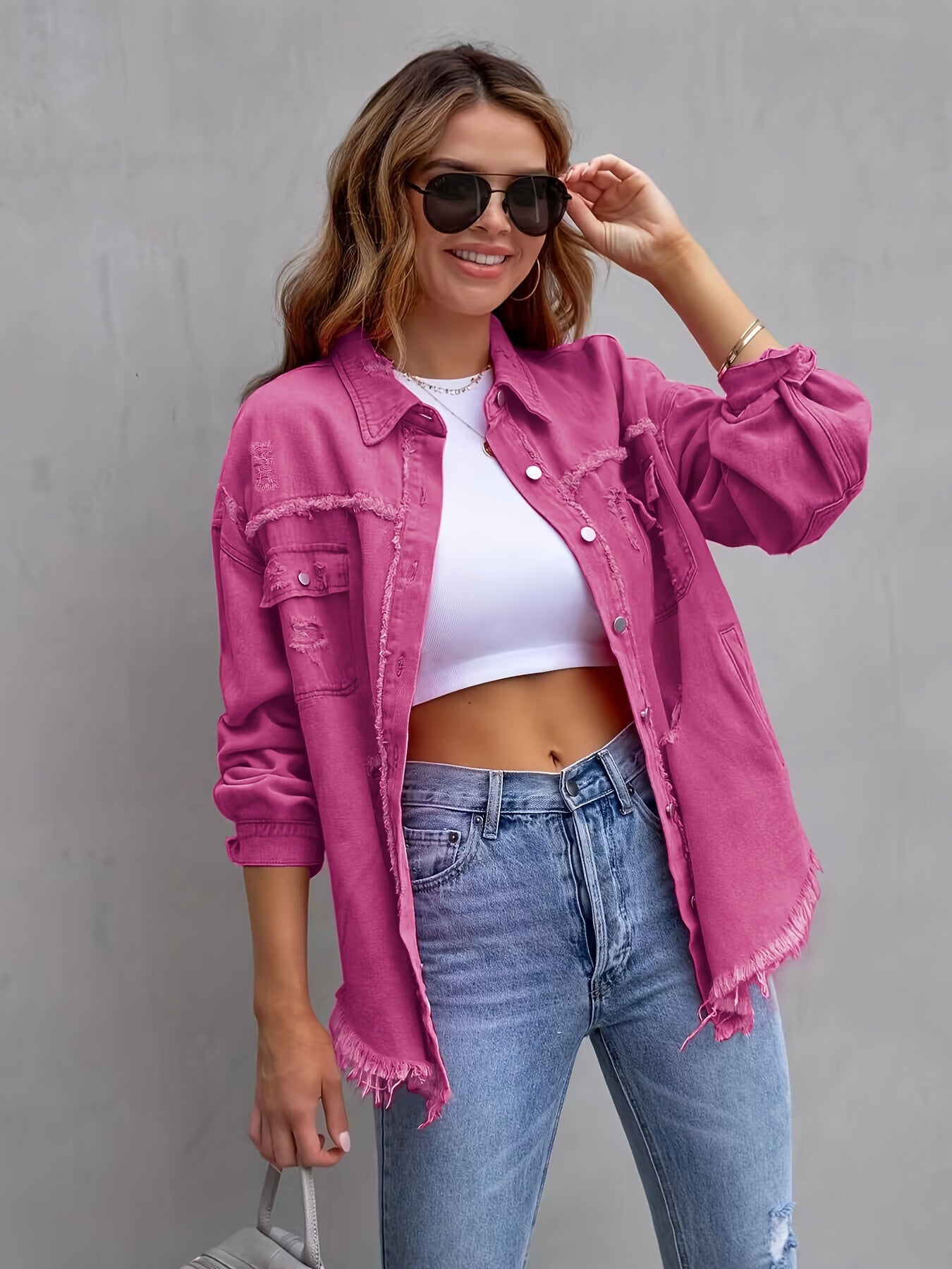 Sixsr Plain Ripped Holes Denim Jackets, Long Sleeves Frayed Hem Casual Lapel Denim Coats, Women's Denim Clothing