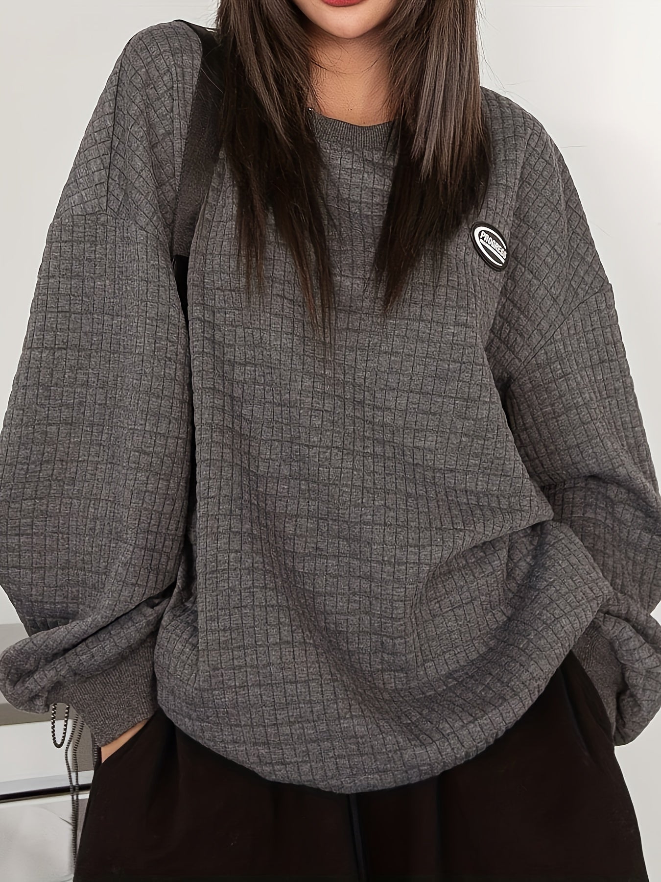 Sixsr Plus Size Casual Sweatshirt, Women's Plus Solid Waffle Patched Detail Long Sleeve Crew Neck Slight Stretch Pullover Sweatshirt, Casual Tops For Fall & Winter, Plus Size Women's Clothing