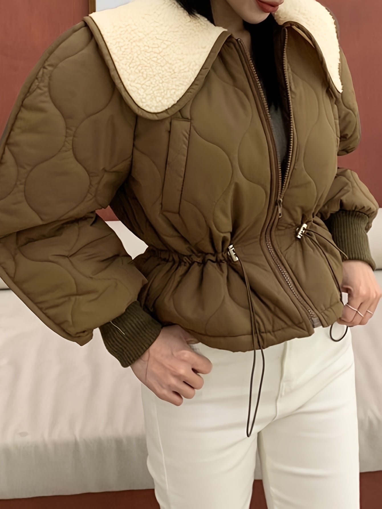 Sixsr Drawstring Zip-up Lapel Coat, Casual Thermal Long Sleeve Cinched Waist Coat , Women's Clothing