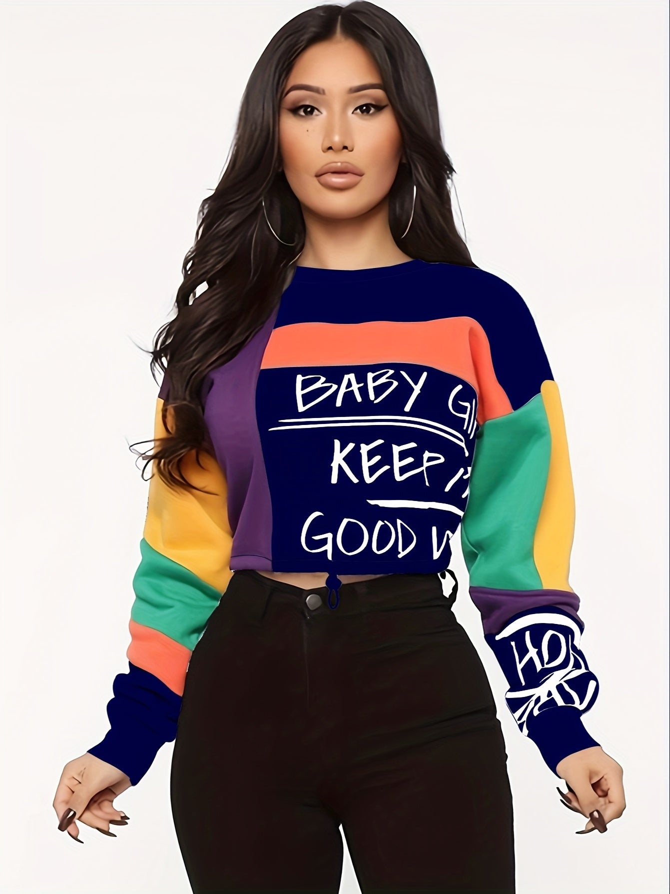 Sixsr Color Block Letter Print Pullover Sweatshirt, Casual Long Sleeve Crew Neck Sweatshirt For Fall & Winter, Women's Clothing