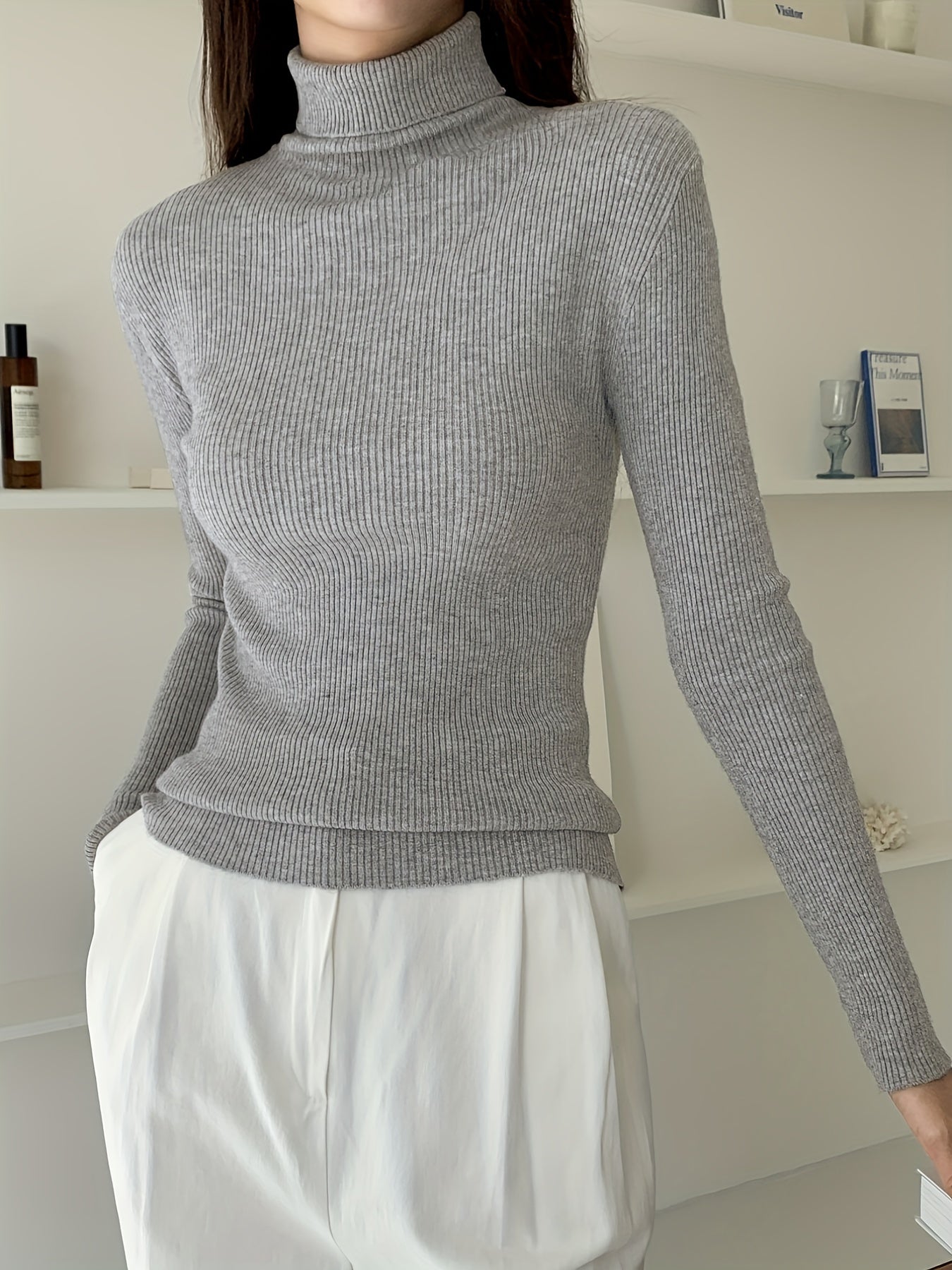 Sixsr Women's Sweater Turtleneck Solid Ribbed Long Sleeve Slim Pullover Knit Tops