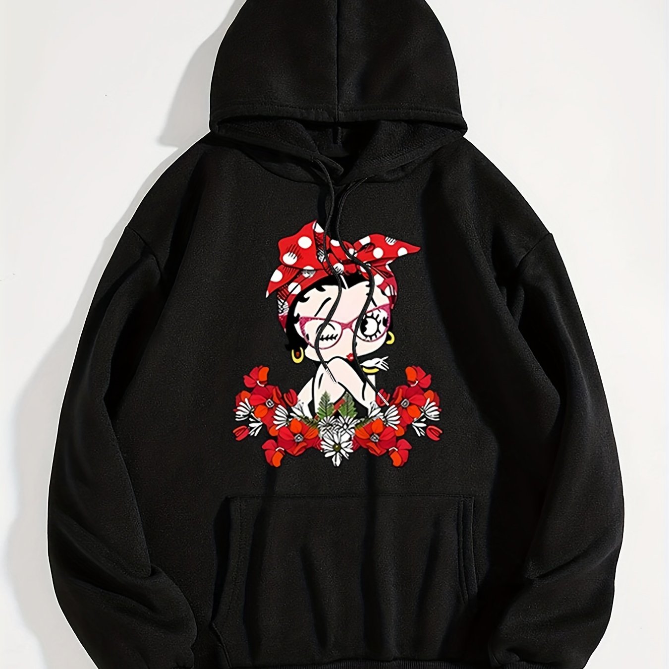 Sixsr Plus Size Casual Sweatshirt, Women's Plus Cute Lady & Floral Print Long Sleeve Drawstring Hooded Pullover Sweatshirt With Kangaroo Pockets, Casual Tops For Fall & Winter, Plus Size Women's Clothing