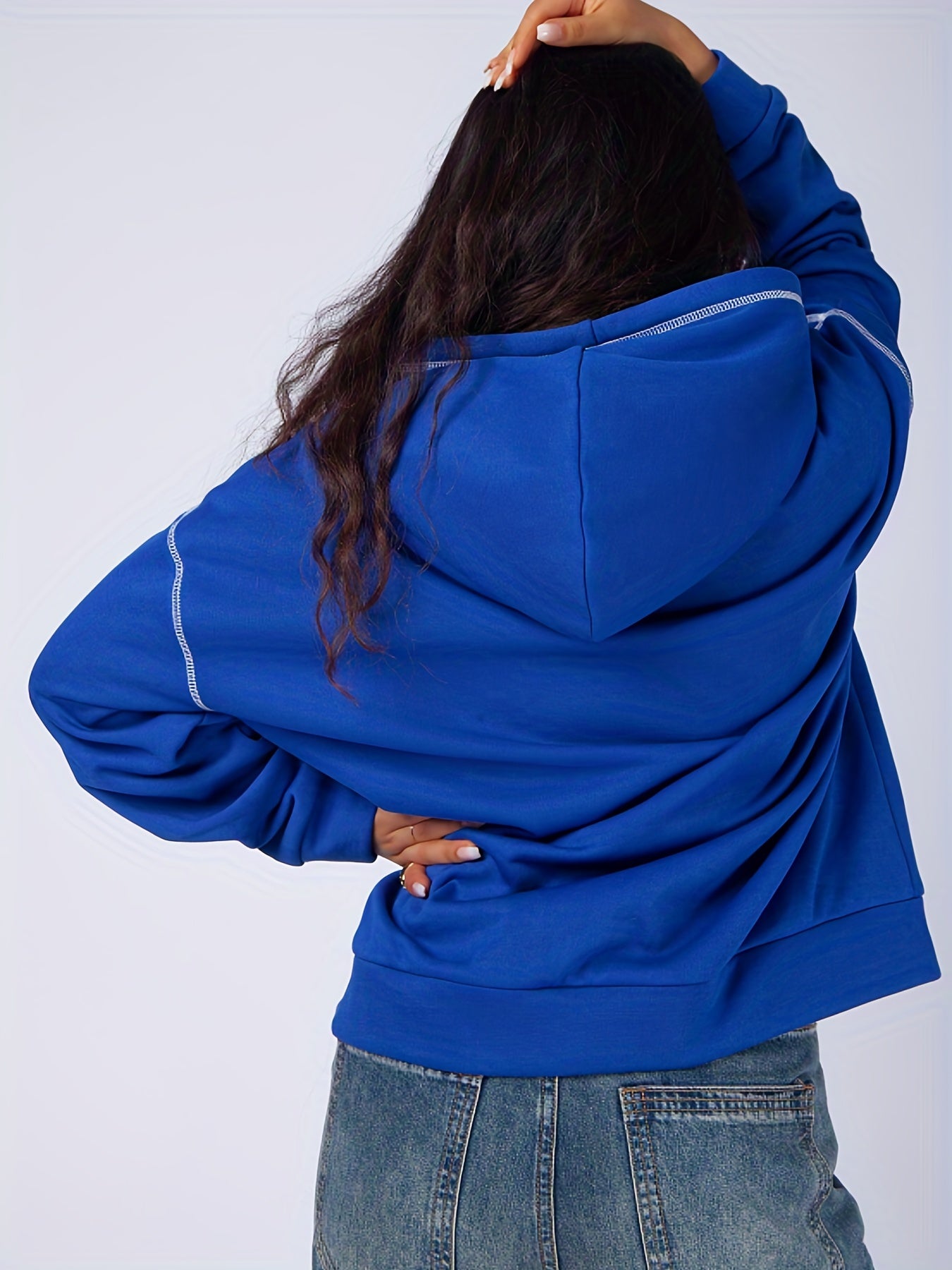 Sixsr Plus Size Casual Sweatshirt, Women's Plus Solid Pipping Long Sleeve Drawstring Hoodie