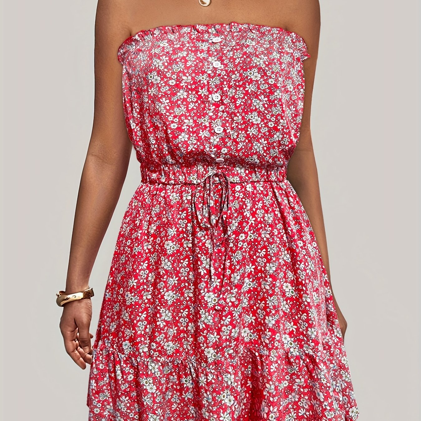 Sixsr Ditsy Floral Off Shoulder Dress, Sexy Sleeveless Drawstring Summer Dress, Women's Clothing