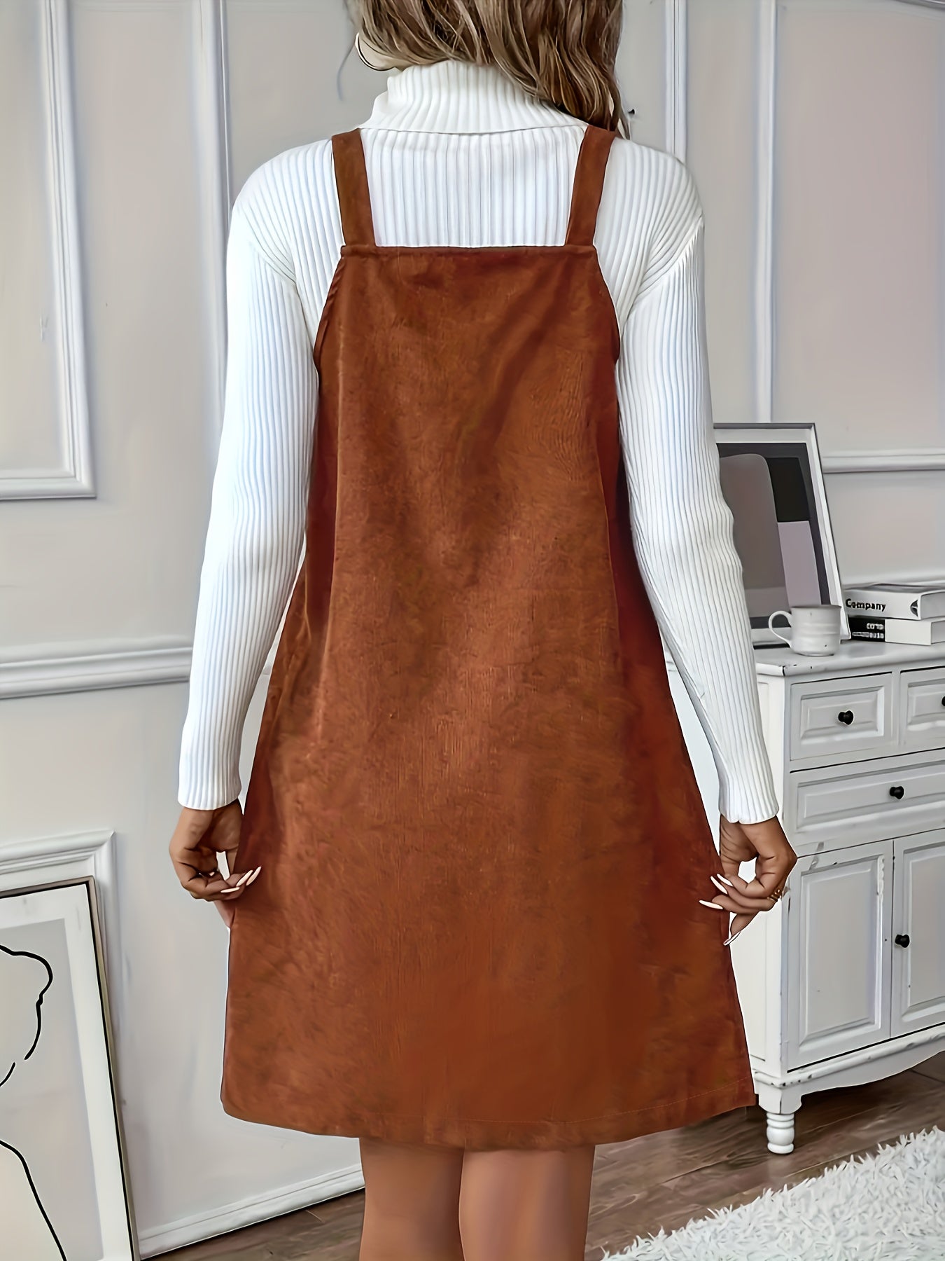 Sixsr Button Decor Dual Pockets Strap Dress, Casual Solid Color V Neck Dress For Spring & Fall, Women's Clothing