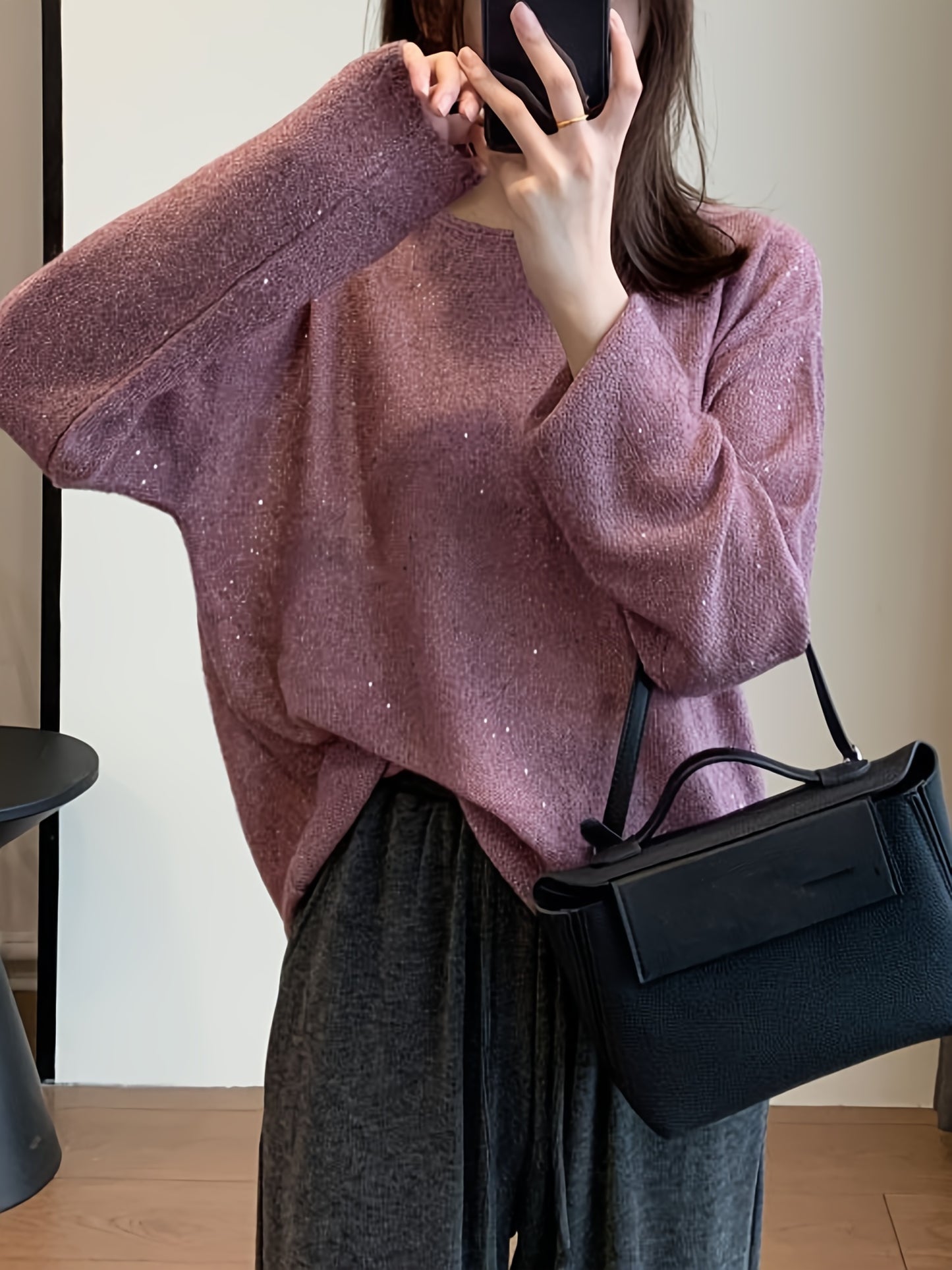 Sixsr Solid Crew Neck Pullover Sweater, Elegant Long Sleeve Drop Shoulder Sweater, Women's Clothing