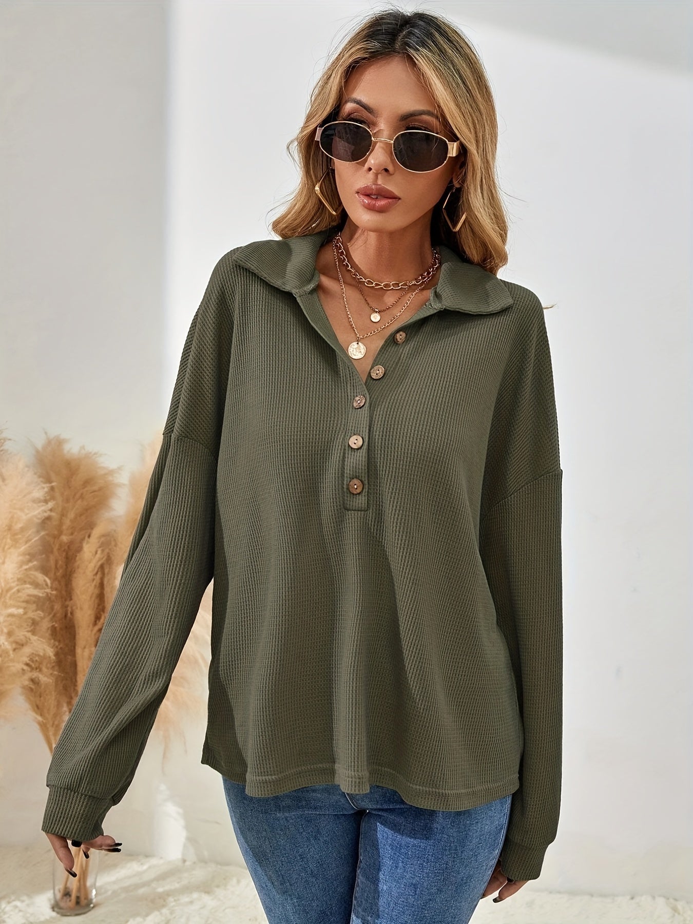 Sixsr Textured Half Button Pullover Sweatshirt, Casual Long Sleeve Lapel Sweatshirt For Fall & Winter, Women's Clothing