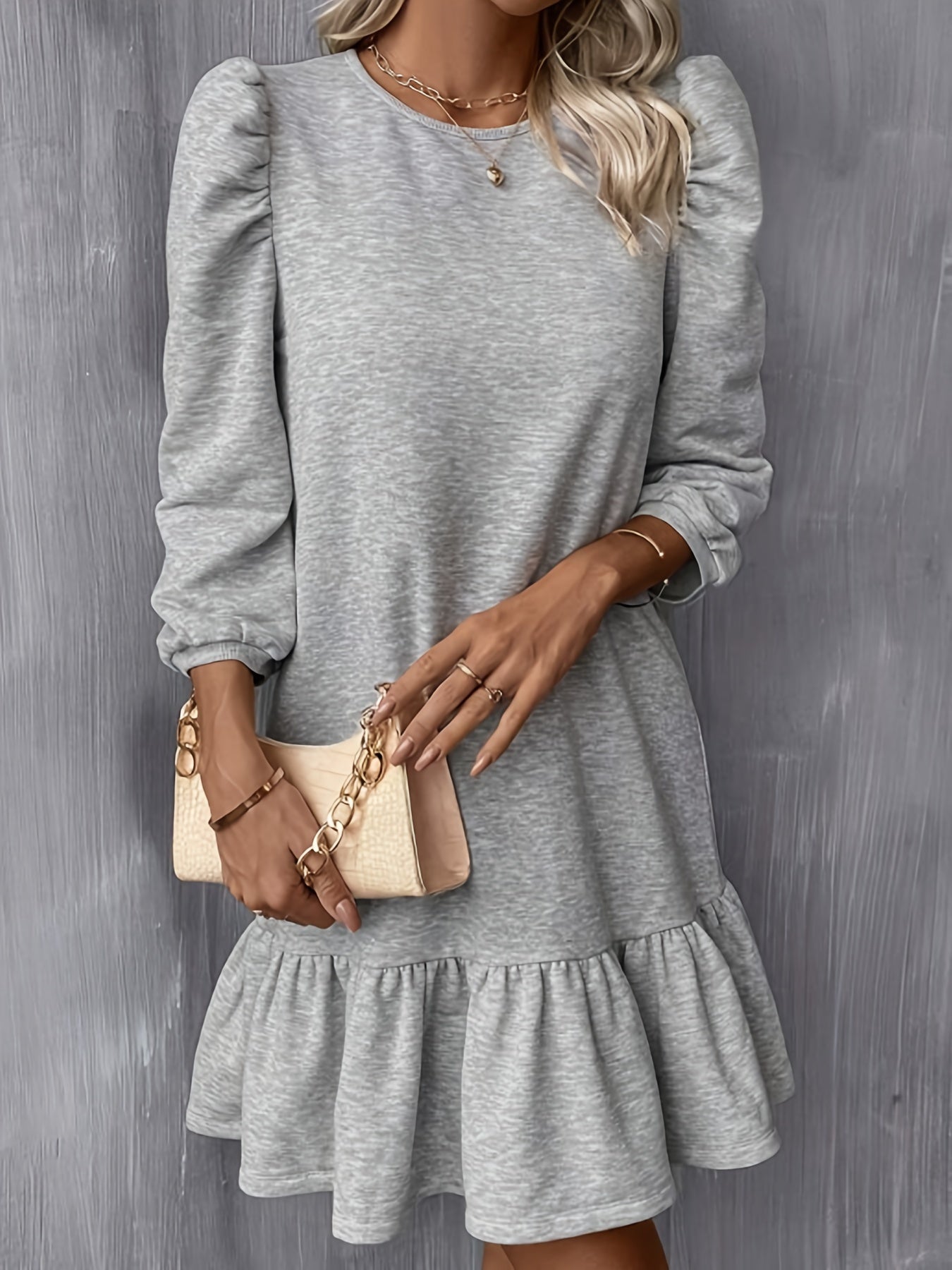 Solid Ruffle Hem Lantern Sleeve Dress, Casual Crew Neck Above Knee Dress, Women's Clothing
