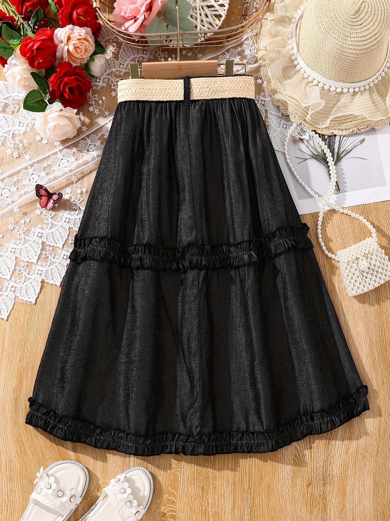 Girls' Skirts High Waist Belted Smocked Hem A-line Long Skirt For Party Going Out