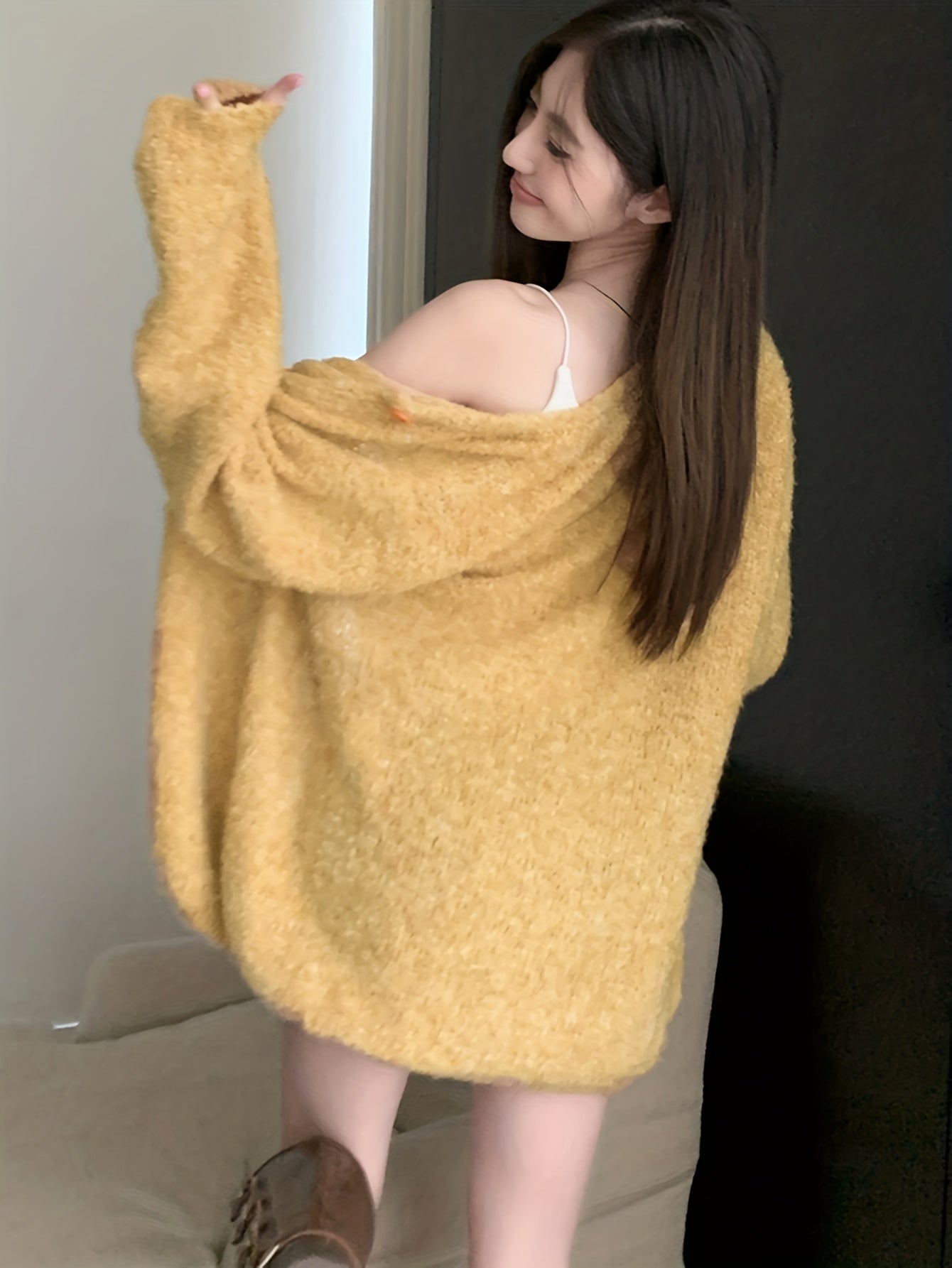 Sixsr Solid Button Down Knit Cardigan, Casual Long Sleeve Loose Slouchy Sweater, Women's Clothing