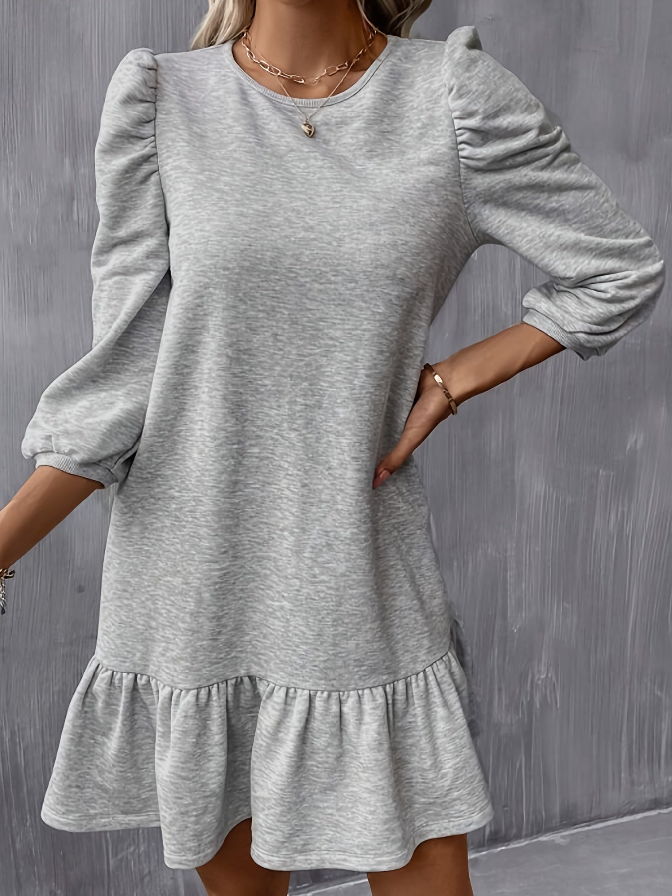Solid Ruffle Hem Lantern Sleeve Dress, Casual Crew Neck Above Knee Dress, Women's Clothing