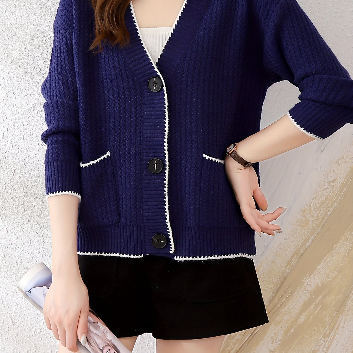 Sixsr V Neck Button Up Rib Knit Cardigan, Elegant Long Sleeve Sweater With Pocket, Women's Clothing