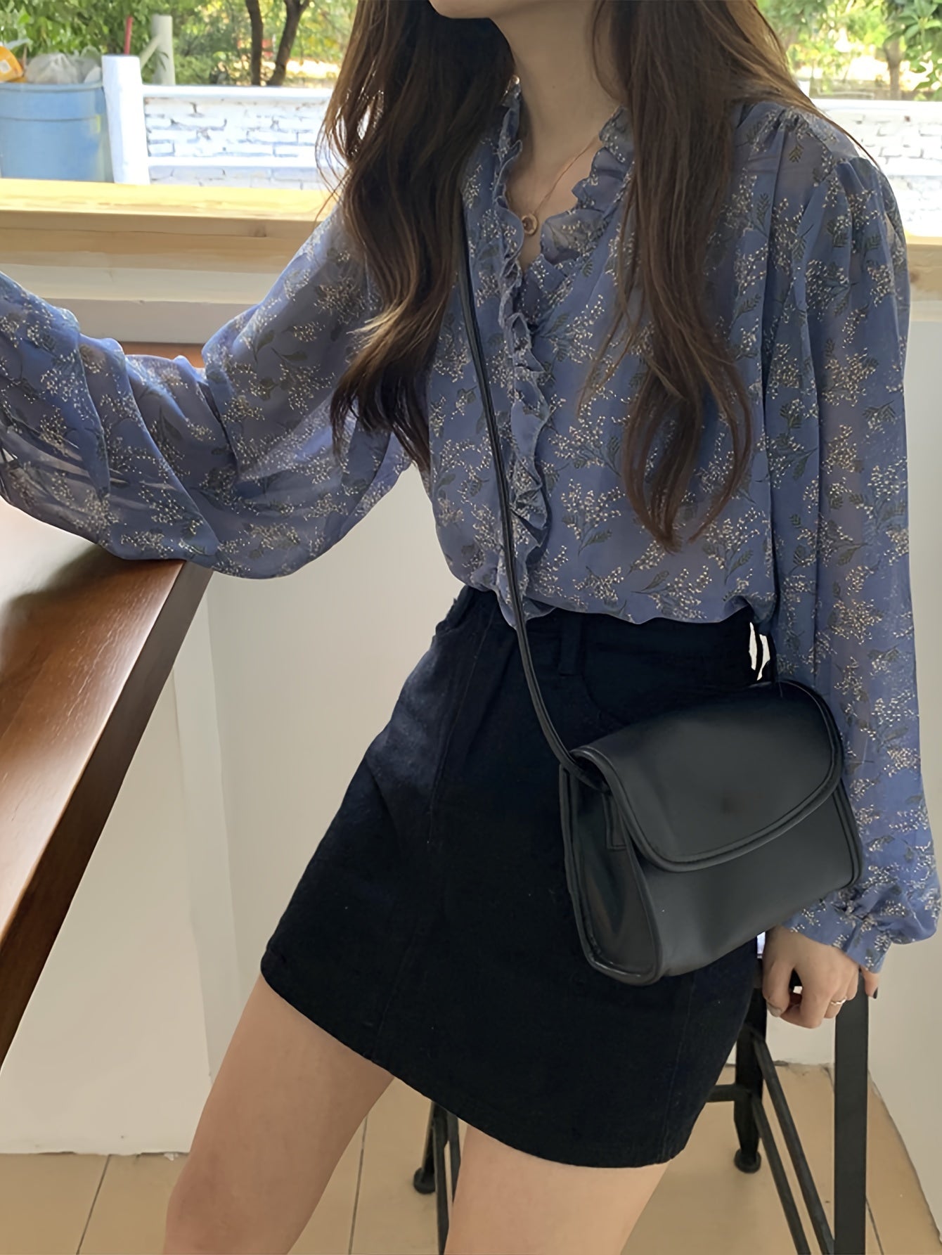 Sixsr Allover Print Ruffle Trim Blouse, Elegant Long Sleeve Blouse For Spring & Fall, Women's Clothing