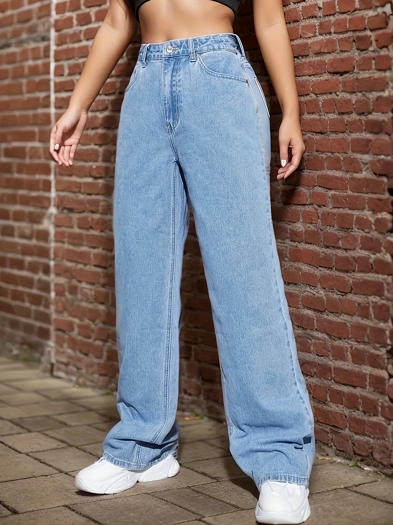 Sixsr Blue Loose Fit Straight Jeans, Non-Stretch Slant Pockets Washed Denim Pants, Women's Denim Jeans & Clothing