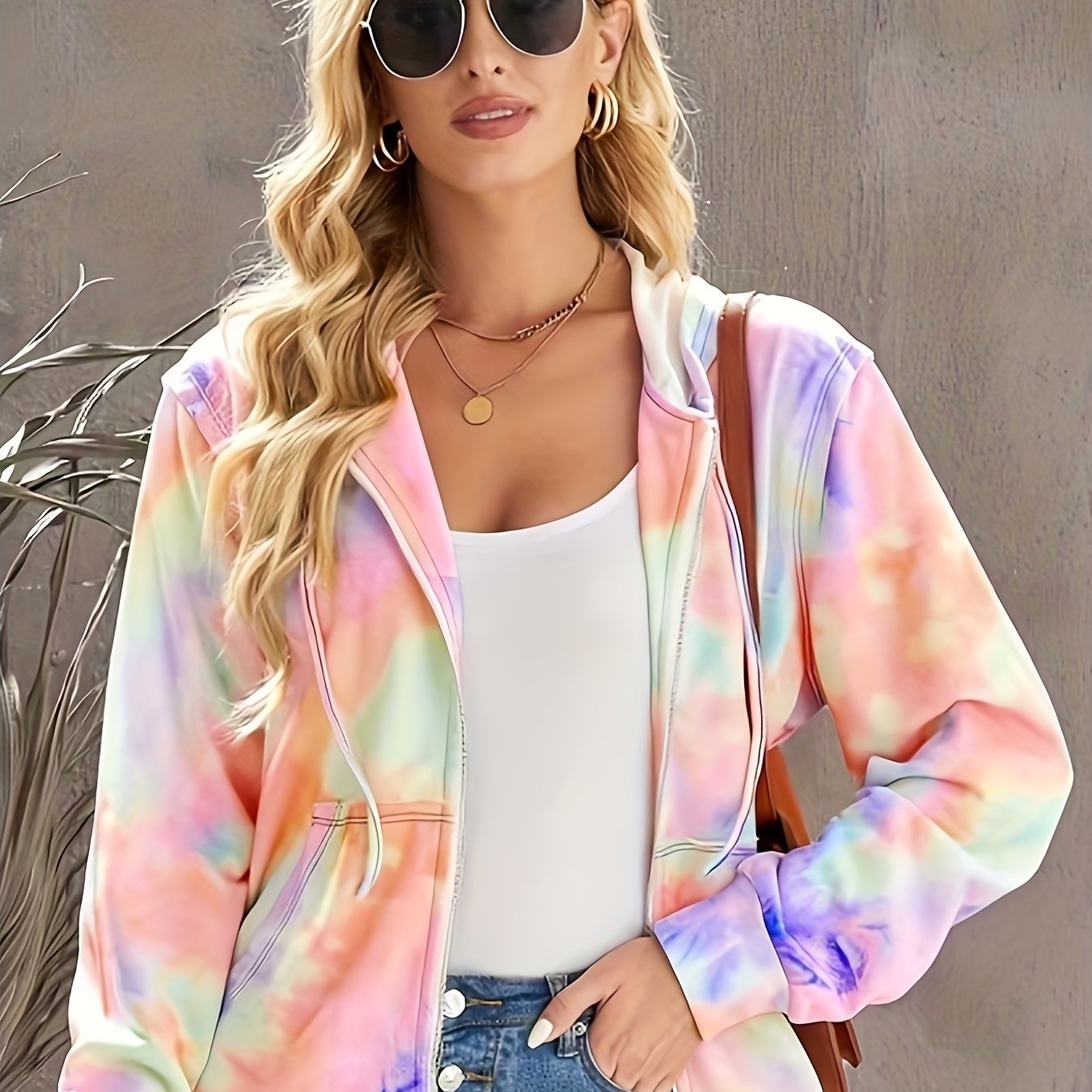 Sixsr Plus Size Casual Coat, Women's Plus Tie Dye Long Sleeve Hooded Zipper Coat With Pockets
