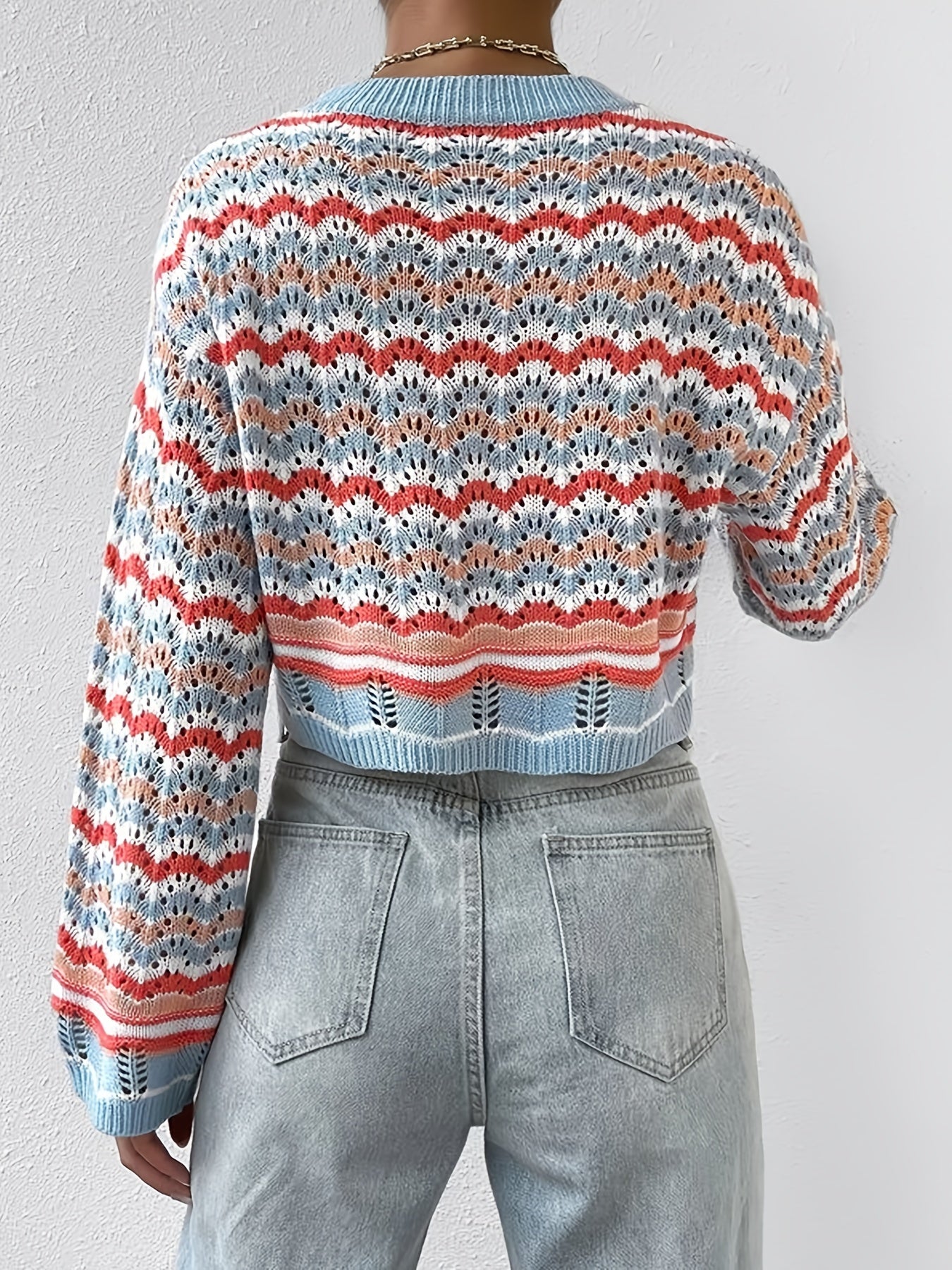 Sixsr Colorful Printing Knit Sweater, Casual Crew Neck Long Sleeve Sweater, Women's Clothing