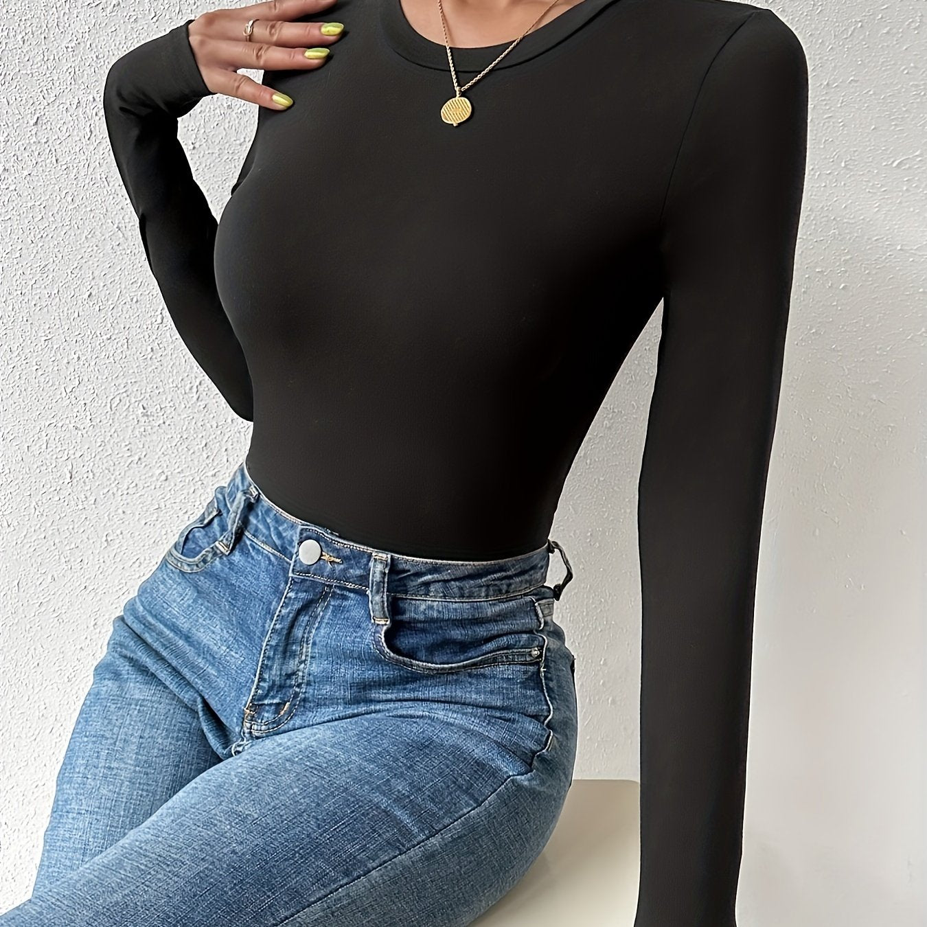 Sixsr Basic Skinny Stretchy Top, Long Sleeve Crew Neck Solid T-Shirts, Casual Every Day Tops, Women's Clothing