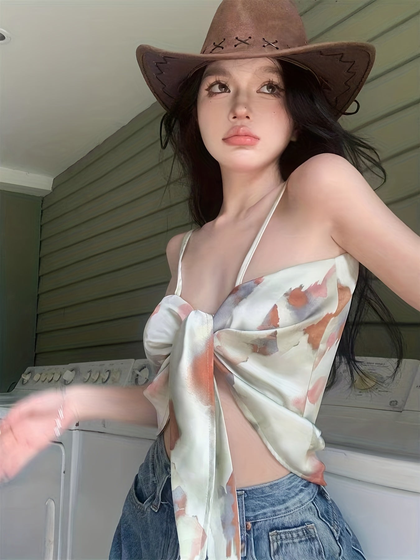 Sixsr All Over Print Knot Front Cami Top, Casual Summer Sleeveless Top, Women's Clothing