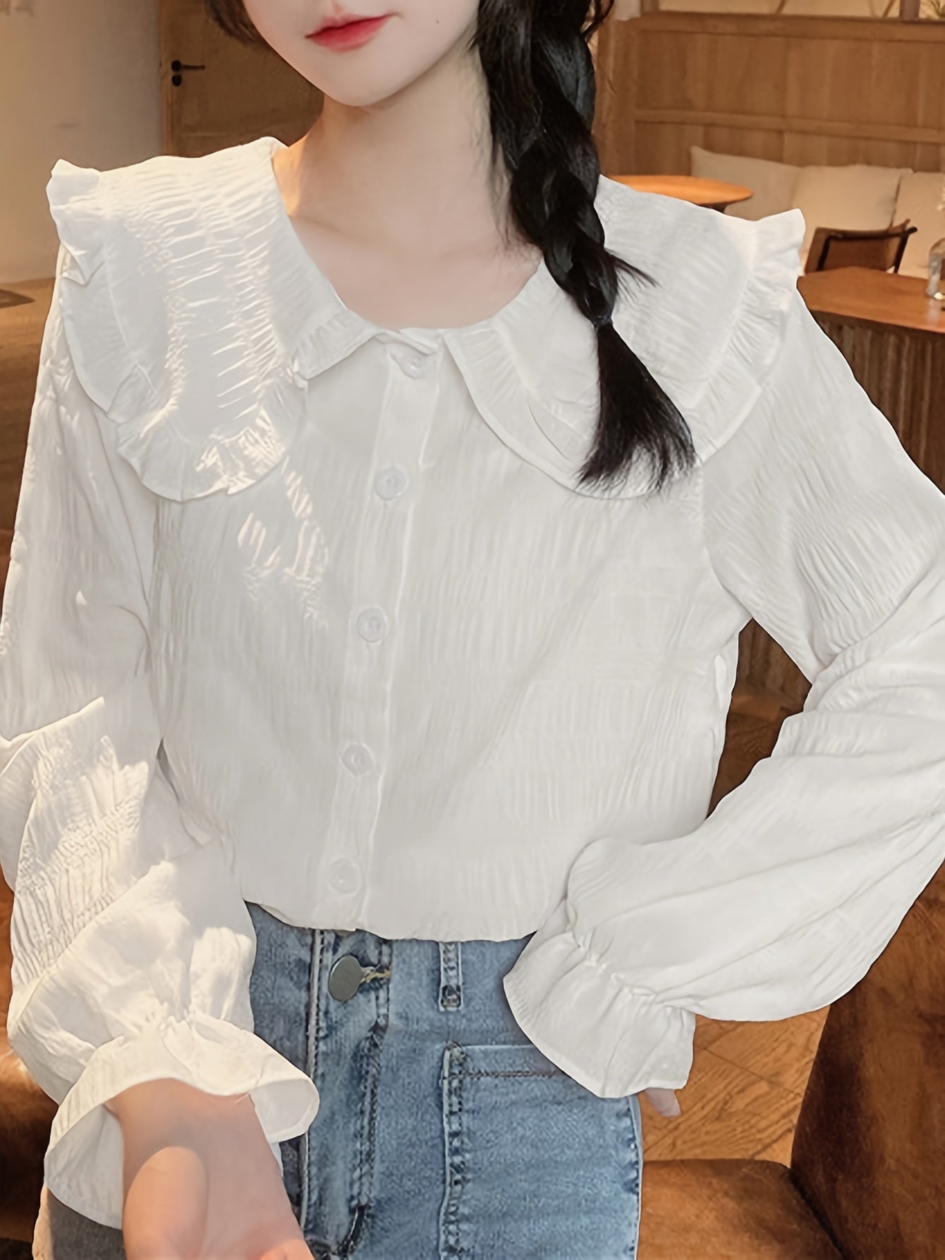 Sixsr Solid Textured Peter Pan Collar Blouse, Sweet Long Sleeve Button Front Blouse For Spring & Fall, Women's Clothing