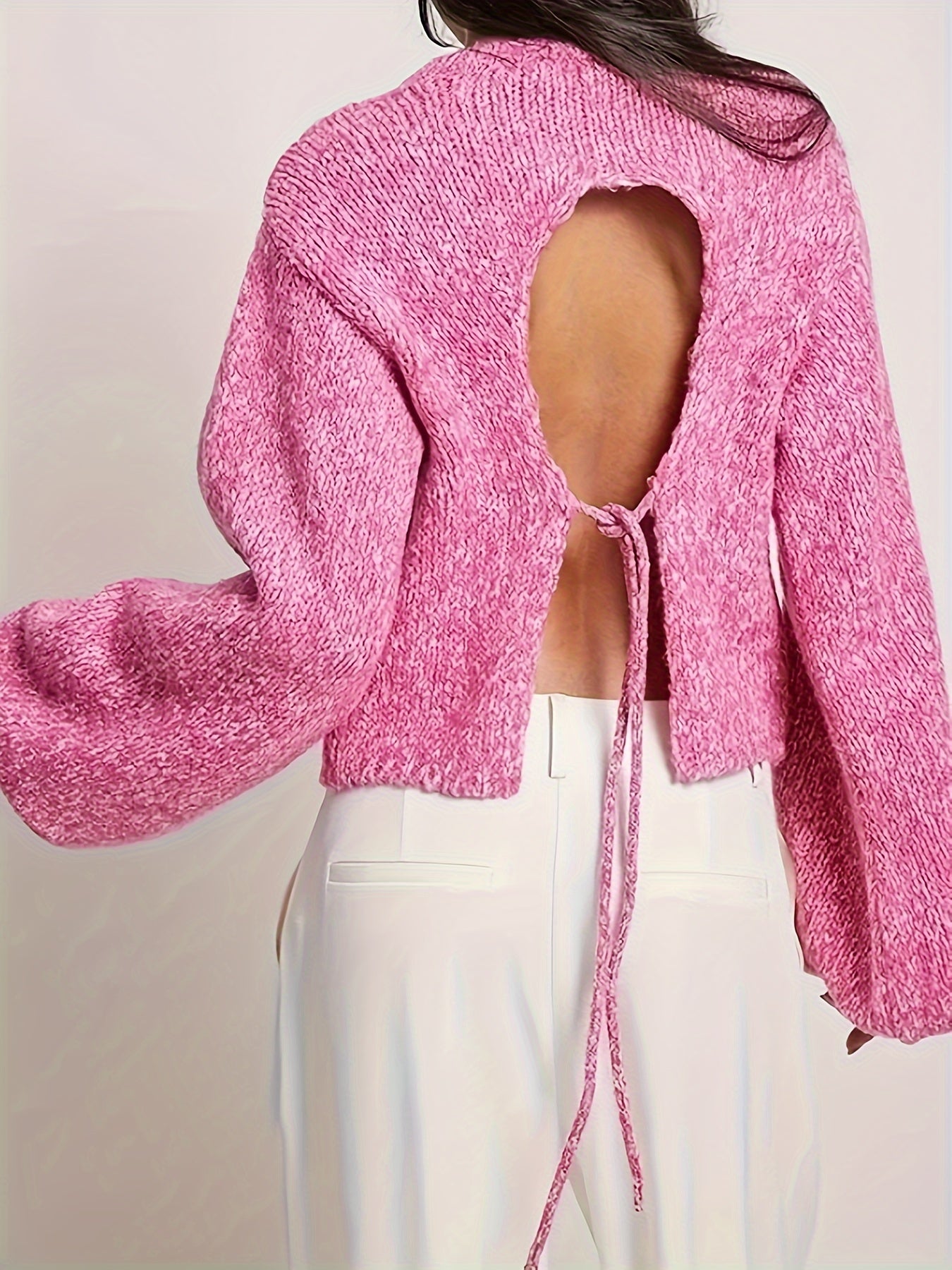 Solid Color Crew Neck Pullover Sweater, Casual Tie Back Long Sleeve Knitted Sweater For Fall & Spring, Women's Clothing