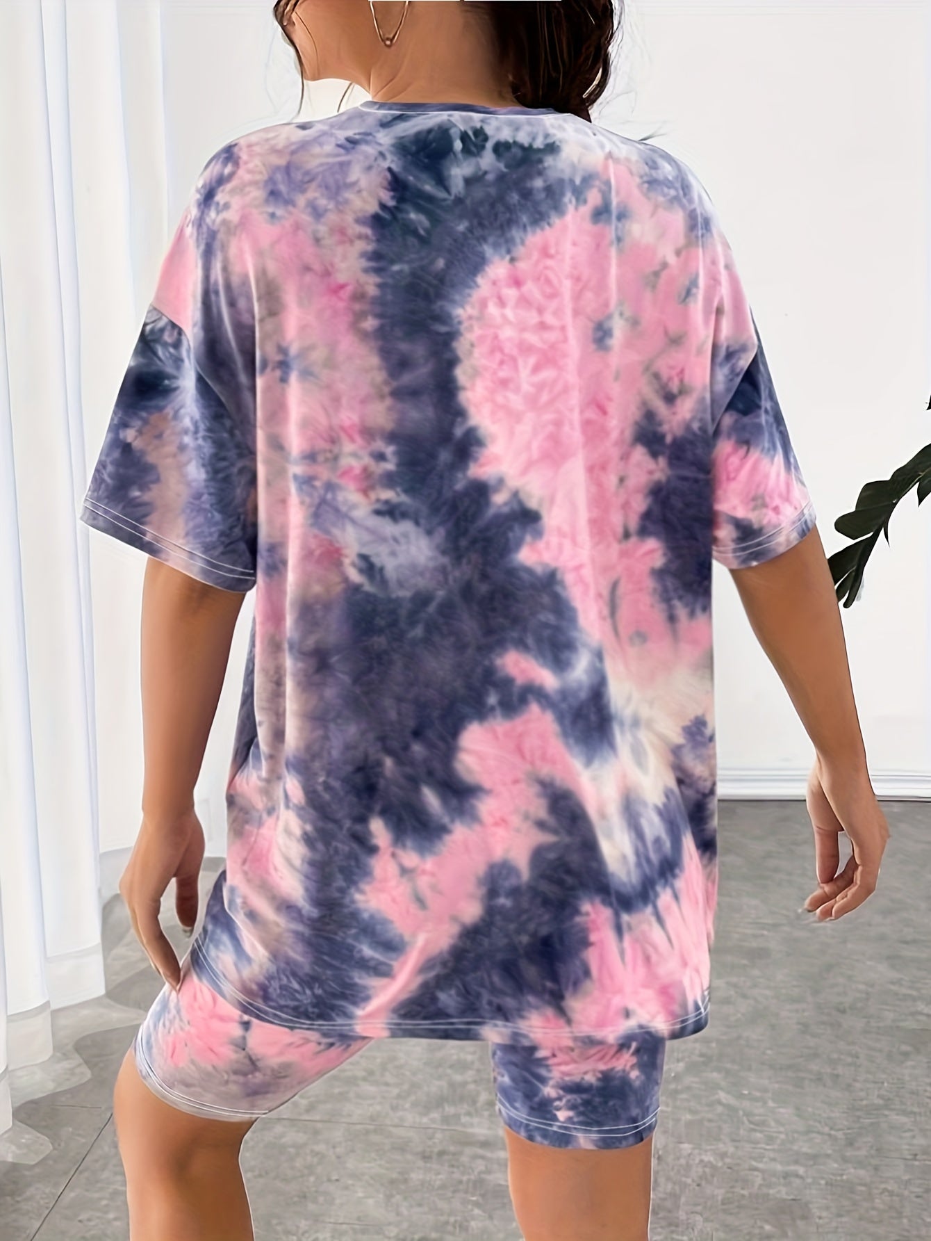 Sixsr Casual Tie Dye Two-piece Set, Drop Shoulder Crew Neck Top & Cropped Leggings Outfits, Women's Clothing